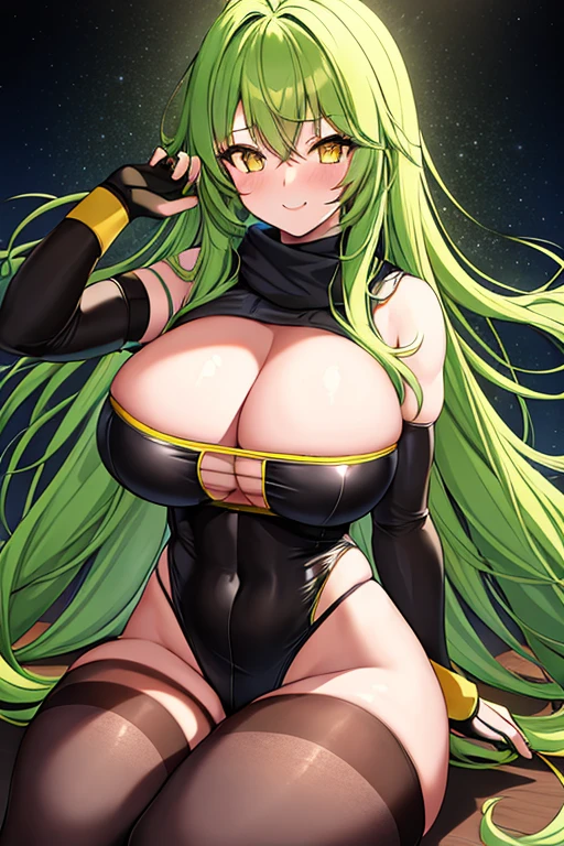 1girl, green hair, long hair, yellow eyes, light smile, glowing eyes, large breasts, thick thighs, athletic female, toned, leotard, black leotard, thighhighs, arm strap, thigh strap, black thighhighs, belt, knife, pantyhose, black pantyhose, ninja, kunoichi, scarf