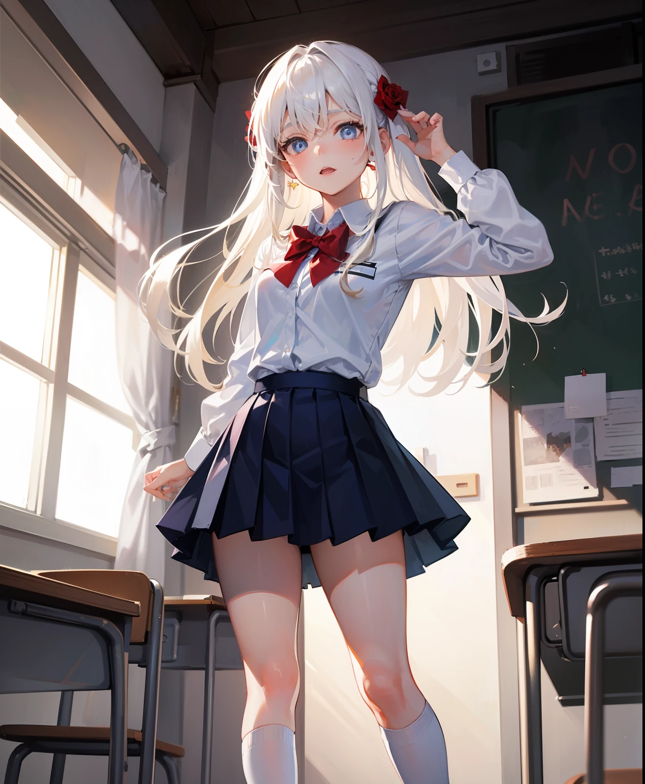 1 girl, 16 years old, Dynamic posing, dynamic angle, Arrange pose,Top quality work,Show Legs,(long white hair),(blue eyes), Rose cheeks, Pretty Face, A perfectly proportioned face, school white shirt with red bow and black skirt, (school uniform), (school white shirt), white stockings,school, in classroom, round small breasts