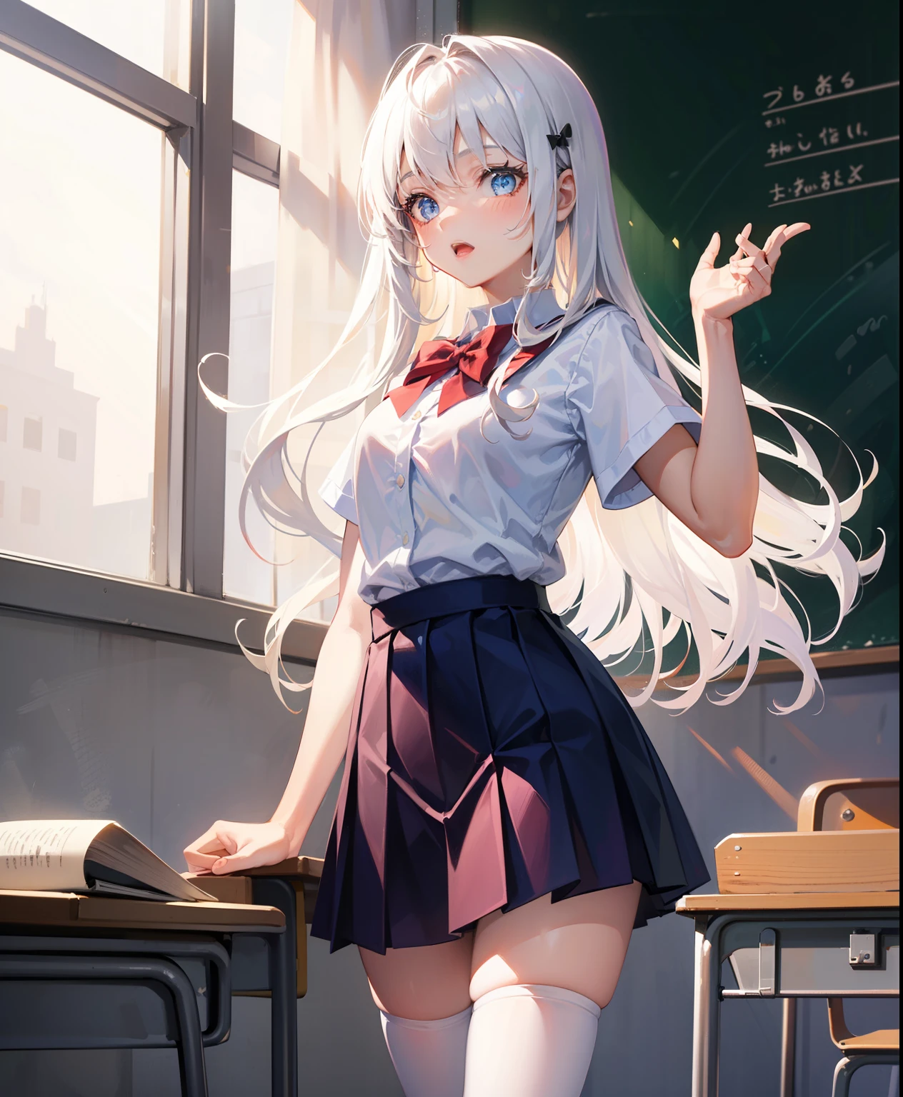 1 girl, 16 years old, Dynamic posing, dynamic angle, Arrange pose,Top quality work,Show Legs,(long white hair),(blue eyes), Rose cheeks, Pretty Face, A perfectly proportioned face, school white shirt with red bow and black skirt, (school uniform), (school white shirt), white stockings,school, in classroom, round small breasts