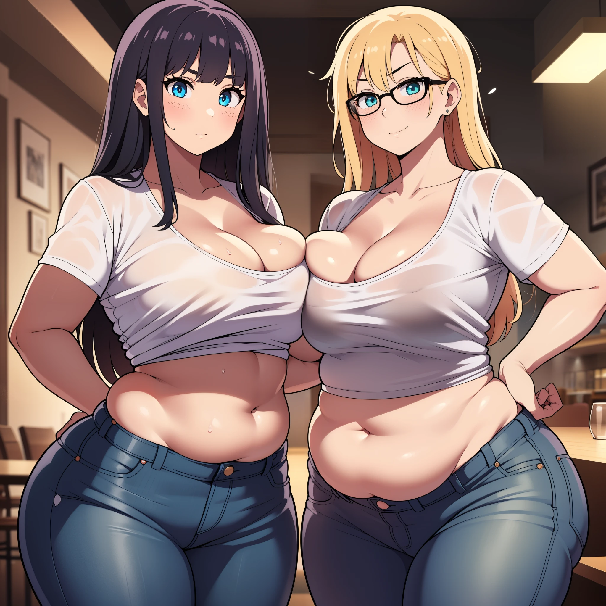 ((highres)), Masterpiece, high quality, best quality, beautiful, perfect lighting, detailed face, ultra cute face, ((2girls)), (blush), one girl has blonde hair, blue eyes, crop top and shorts, one girl has brown hair, green eyes, jeans, white shirt, fast food restaurant, cleavage, medium breasts, ((wide hips)), (thick thighs), ((plump), chubby belly, (belly grab), fat folds, standing next to each other,