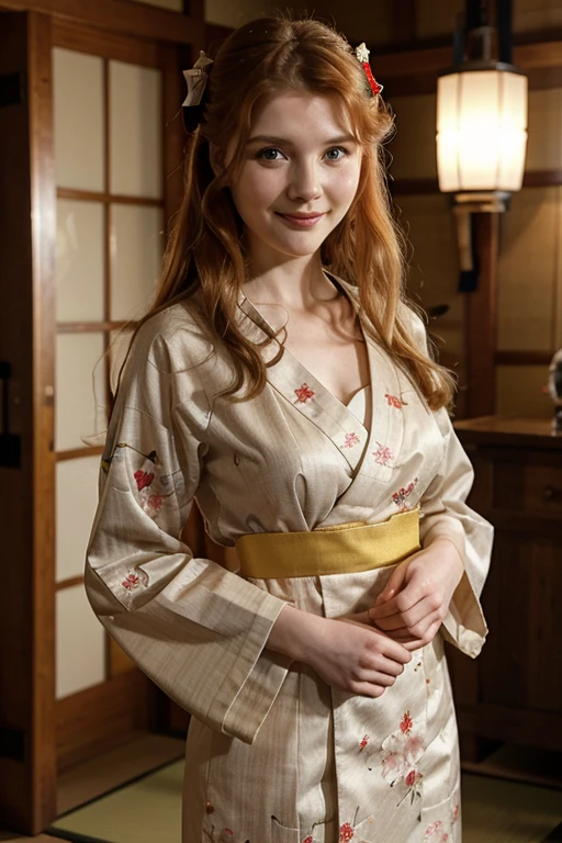 Rachel Hurd-Wood dressed in traditional Japanese clothing and smiling