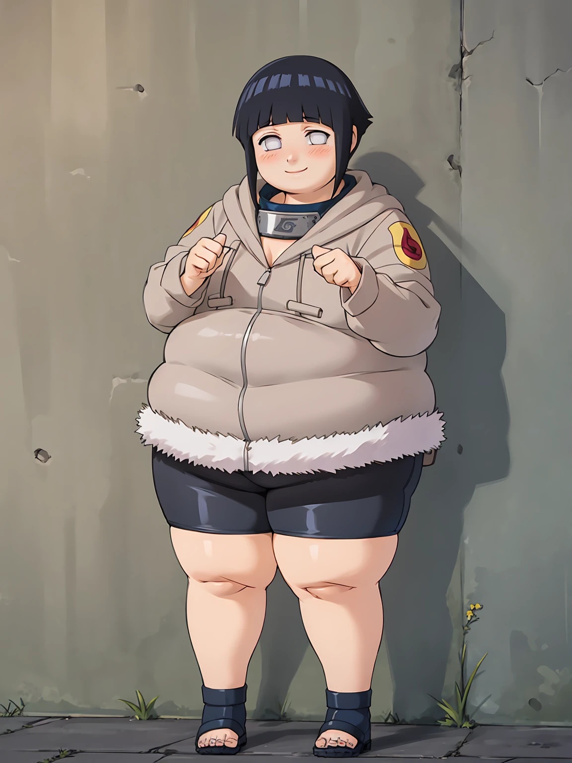 standing, shy, smile, blush, 1girl, obese hyuuga hinata, thick thighs, perfect body, black hair, short hair, white eyes, no pupils, small breats, black jacket, ultra detailed, masterpiece, best quality, aesthetic, detailed