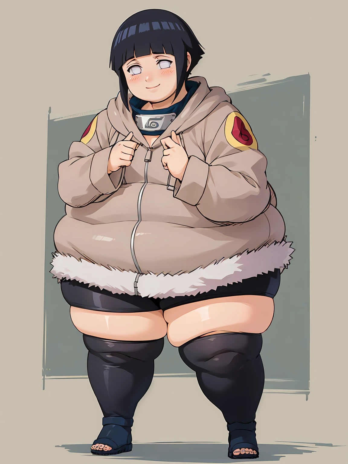 standing, shy, smile, blush, 1girl, obese hyuuga hinata, thick thighs, perfect body, black hair, short hair, white eyes, no pupils, small breats, black jacket, ultra detailed, masterpiece, best quality, aesthetic, detailed