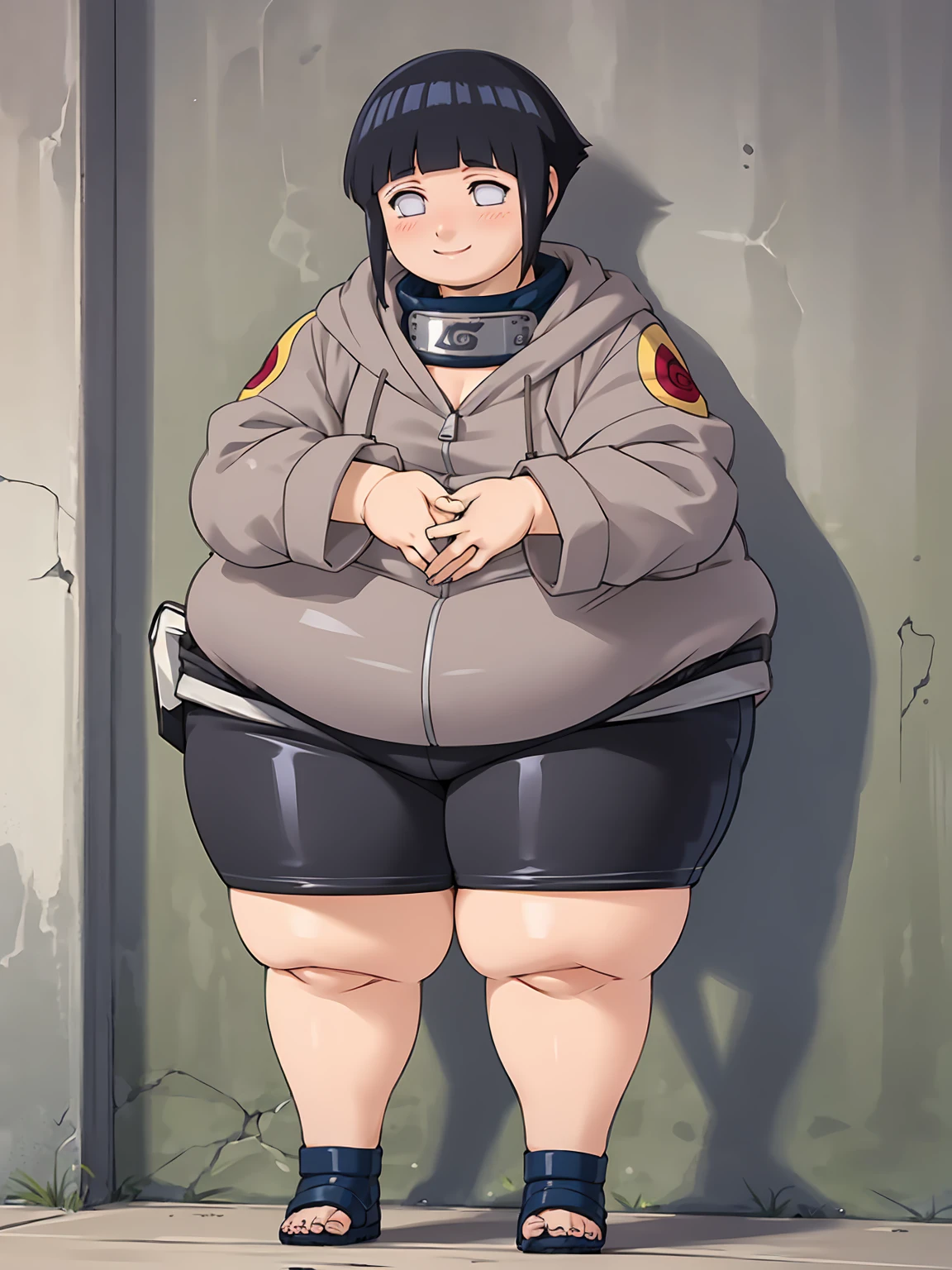 standing, shy, smile, blush, 1girl, obese hyuuga hinata, thick thighs, perfect body, black hair, short hair, white eyes, no pupils, small breats, black jacket, ultra detailed, masterpiece, best quality, aesthetic, detailed