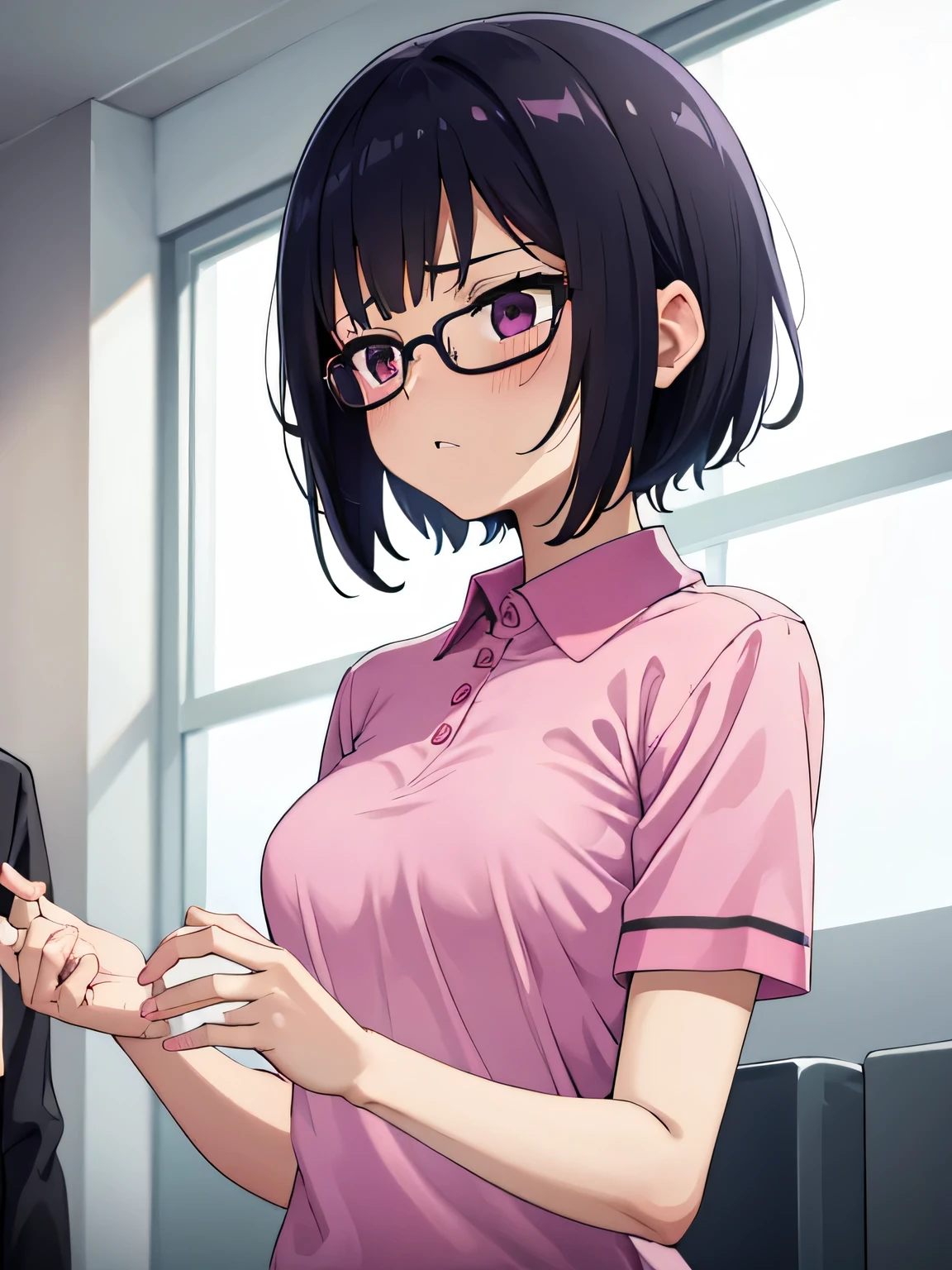 1. Beautiful girl in a magenta polo shirt, short hair, Small breasts, Embarrassing, Beautiful fingers, Shyness, worries, Black Hair, White underwear, Black eyes Hospital Beautiful Cute High quality Short sleeves　No bra, Glasses Perfect Hands Medical Checkup 