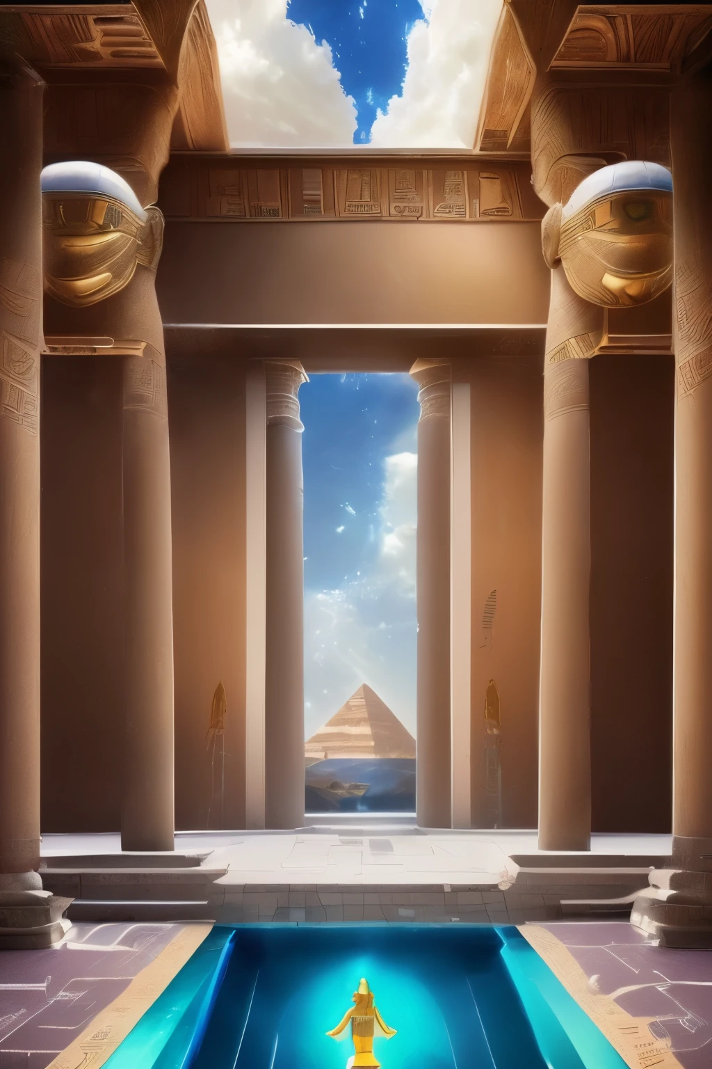 (((HORUS)) best quality, very high resolution, 4K detailed CG, masterpiece, Egyptian mythology, Osiris,green skin, Egyptian temple,Ancient Egypt,sunlight,white clothes, Egyptian clothes, desert,mummy , ((standing pose)), aesthetic , Beautiful image, centered on the screen