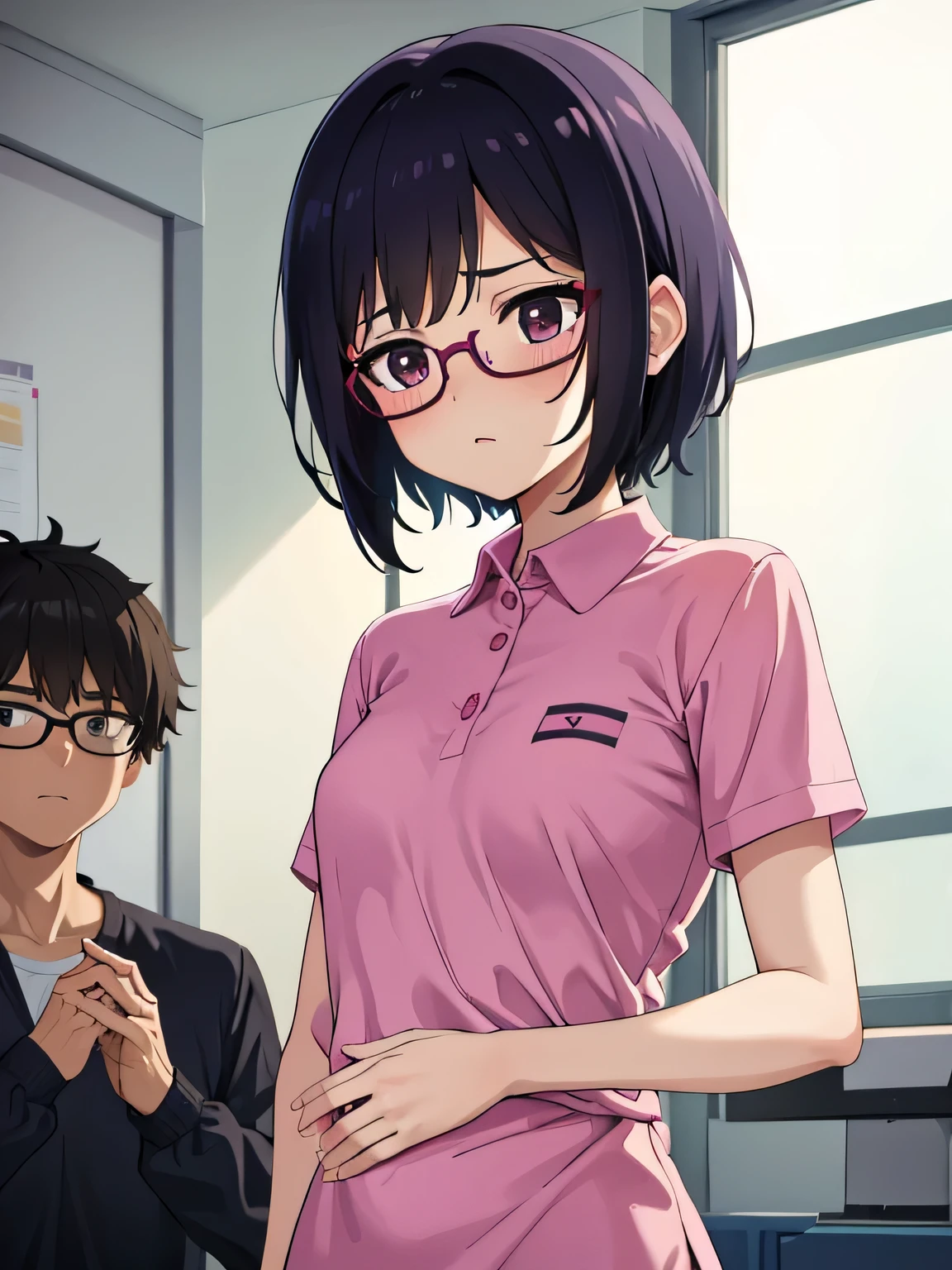 1. Beautiful girl in a magenta polo shirt, short hair, Small breasts, Embarrassing, Beautiful fingers, Shyness, worries, Black Hair, No underwear, Crouching, black eyes, hospital, beautiful, cute, high quality, short sleeves No bra, Open mouth Glasses Perfect hands Medical checkup