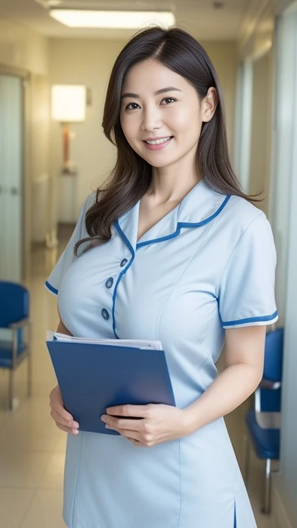 ((最high quality、8k、masterpiece:1.3))、Realistic, Sharp focus, high quality, High resolution, alone, Japanese, A kind smile,Middle-aged women,56 years old, ((Big Breasts:1.4)), (((Big Ass 1.3)))、Medium Long Hair, Wrinkles around the eyes、Embarrassing appearance、A shy smile、((Up to the thighs))、A seductive gaze、A kind smile、Health insurance center staff、Health check-up staff、Light blue nurse clothes、Sunny afternoon、((In the hospital lobby))、Holding a document binder、((waiting))、A gaze that seduces viewers、