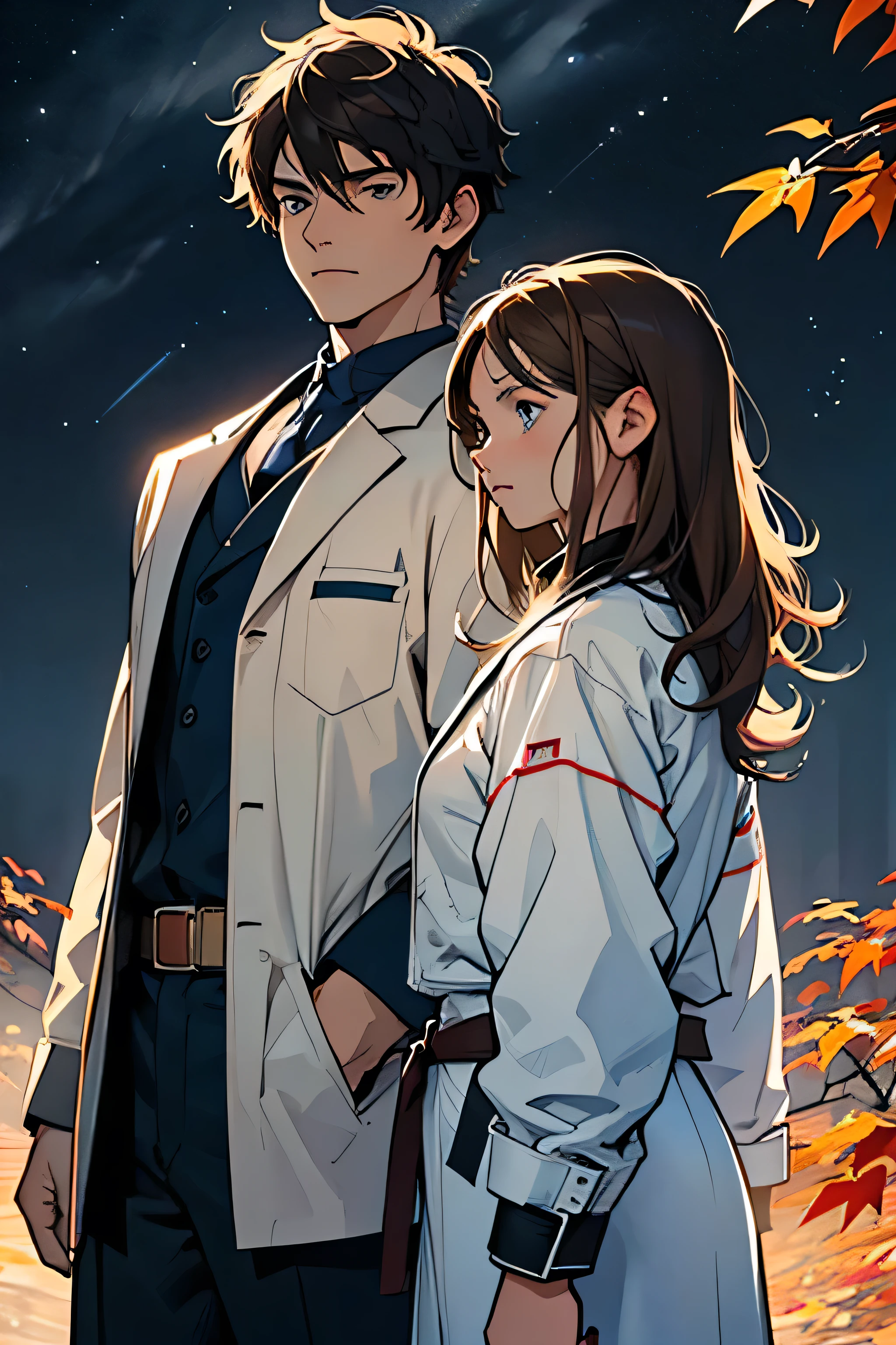 In this illustration, a Western doctor with blue eyes and straight hair stands in front of a Western Taekwondo fighter woman with brown curly hair and brown eyes.  They are standing facing each other, he on the left and she on the right.  The setting is a dark autumn sky with fallen yellow leaves all around you.