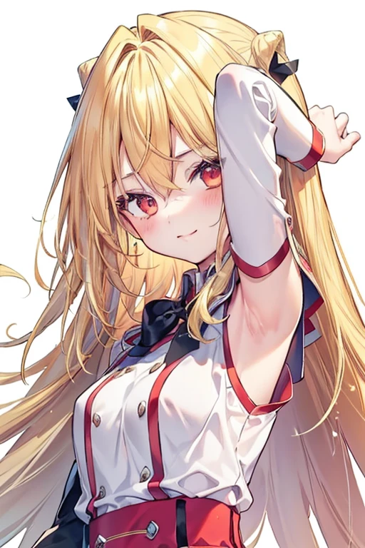 (red ribbon on hairband:1.2),(masterpiece, best quality, highres),BlondeHAIR,A girl whose armpits smell bad。looking at armpit。An angle that looks like you&#39;re looking up from below.。very cute round face。embarrassed