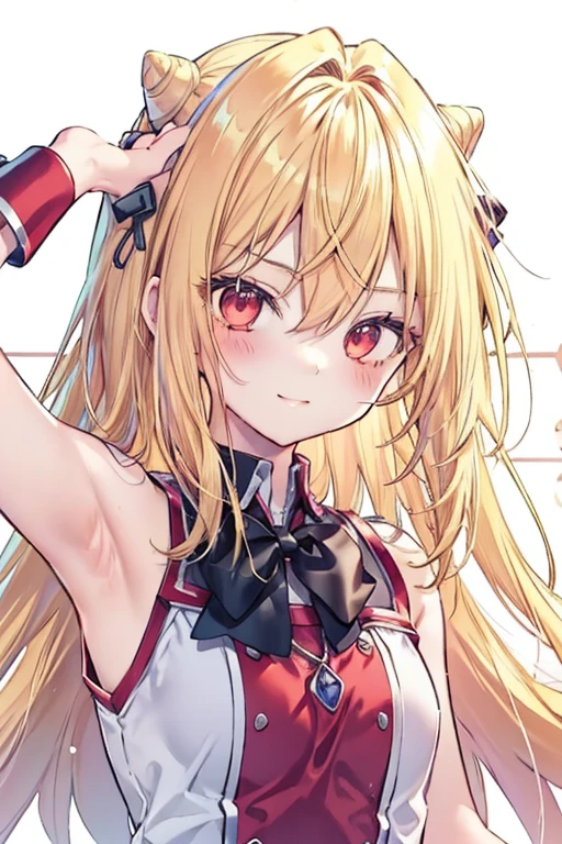 Terracomari Gundesublood、Good looking girl (blush, Perfect Face), independent , Looking into the camera, masterpiece, Anime art style, Cute Characters, Most detailed, high quality、Nico Nico Smile、There are highlights on the eyes、The whole body is visible、blonde、Long Hair、Red Eye、Show your armpits