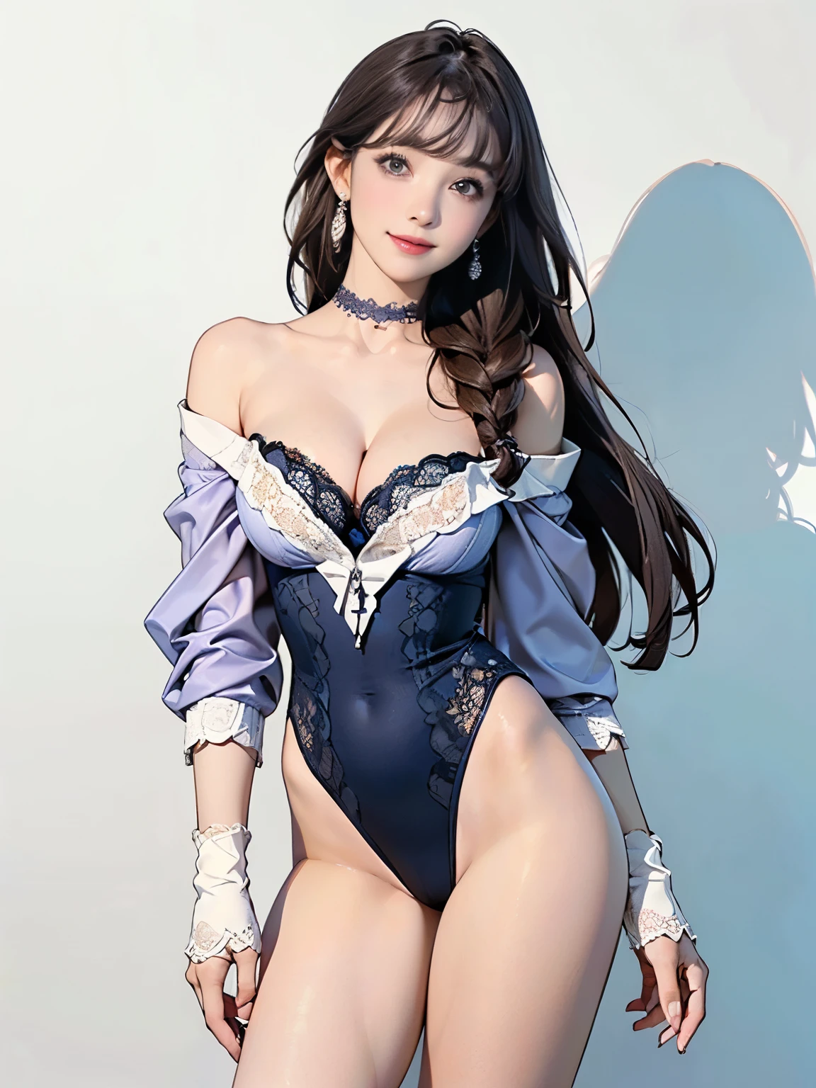 ((((highest quality))))、(((Ultra-precision CG16K wallpaper)))、(((masterpiece)))、(((Super detailed)))、(((Extreme detail)))、((１Mature 29 year old woman:1.6))、((Very beautiful Japanese faces))、((Zuo々Nozomi:1.5))、((Straight medium-long braided hair、blunt bangs:1.5))、(Shiny brown hair)、Beautiful delicate eyes、Brown Eyes、eyeliner、Eyeshadow、High nose、Small nostrils、Small Mouth、Seductive lips、Beautiful breasts、((C cup size breasts))、Cleavage、Beautiful feet、eight-headed body、Perfect proportions、Perfect Anatomy、Perfect composition、Beautiful detailed shading、Beautiful, natural lighting、Beautiful detail glow、Depth of written boundary、(((High chroma)))、(((Real:1.9)))、((vivid:1.5))、((Beautiful Skin))、((Skin Texture))、((Realな皮膚感))、(((Cowboy Shot:1.6)))、((front view、shoot from front、Front low angle:1.6))、(((smile:1.5)))、((The woman is looking at this、looking at viewer、Facing forward:1.6))、Bright daylight、Natural light、(((White Wall:1.3)))、(Walking Pose:1.6)、(((Navy blue off-shoulder sleeveless lace knit high leg leotard:1.6)))、((Earrings、Wearing a choker:1.3))、((Knee-high socks:1.5))、