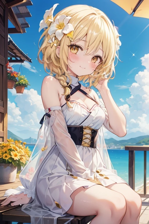 fire Fly、Good looking girl (blush, Perfect Face), independent , Looking into the camera, masterpiece, Anime art style, Cute Characters, Most detailed, high quality、Nico Nico Smile、There are highlights on the eyes、blonde、The whole body is visible、****ta、Small breasts、Braided Short Hair、Floral decoration、Yellow Eyes