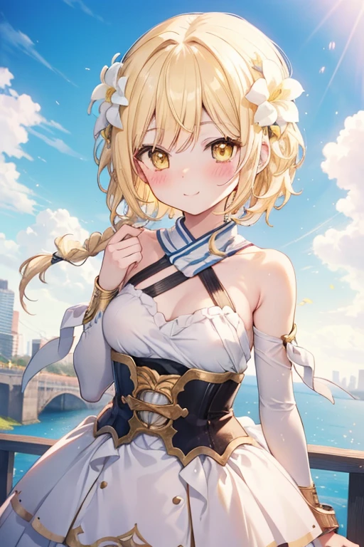 fire Fly、Good looking girl (blush, Perfect Face), independent , Looking into the camera, masterpiece, Anime art style, Cute Characters, Most detailed, high quality、Nico Nico Smile、There are highlights on the eyes、blonde、The whole body is visible、****ta、Small breasts、Braided Short Hair、Floral decoration、Yellow Eyes