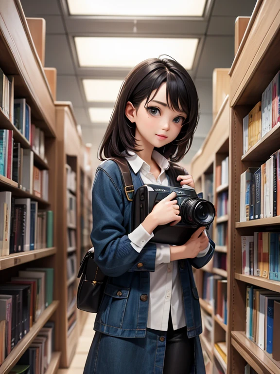 poster beautiful and cute woman wearing book and camera at the library