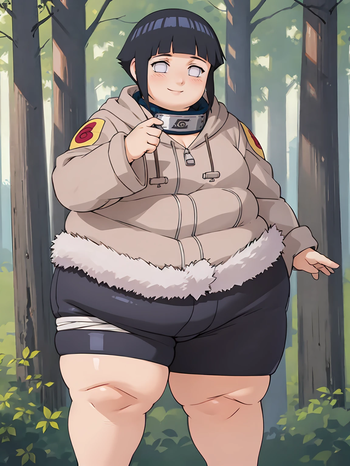 standing, shy, smile, blush, 1girl, obese hyuuga hinata, thick thighs, perfect body, black hair, short hair, white eyes, no pupils, small breats, jacket, black short, ultra detailed, masterpiece, best quality, aesthetic, detailed, forest