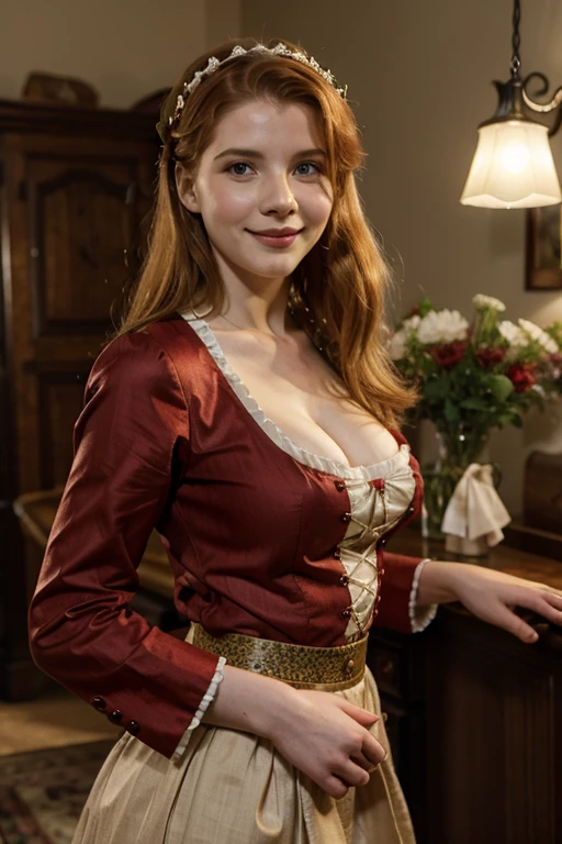 A sexy/cute, historically accurate Dickensian lady, dolce/healthy skinney , traditional/conservative dress. Exudes love, conservative values. thick red hair. elegant Dickensian dress. , light skinned woman, see viewer, mature face, delicate gloves,, attractive appearance, impressive woman, romantic humor. excitado, glad, Sorgiggling, giggling.. Dress prudently.