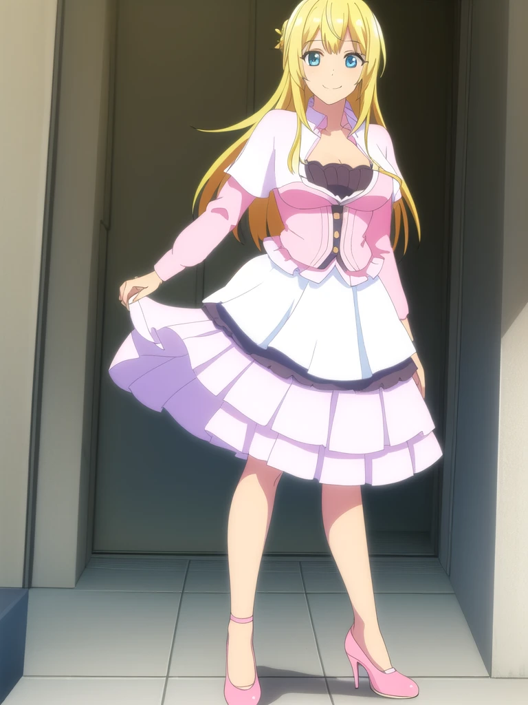 ((Best quality))), ((Ultra-detailed)), ((illustration)), ((Disheveled hair)), ((frilld)), (1 girl), (Solo),,1girl, looking_at_viewer, solo, standing, rating:safe, blonde_hair, blue_eyes, breasts, capelet, cleavage, clothes_pull, clothing, dress, female, footwear, high_heels, long_hair, makaria, shoes, skirt, skirt_hold, skirt_lift, skirt_pull, smile, white_dress, pink_footwear, pink_shoes