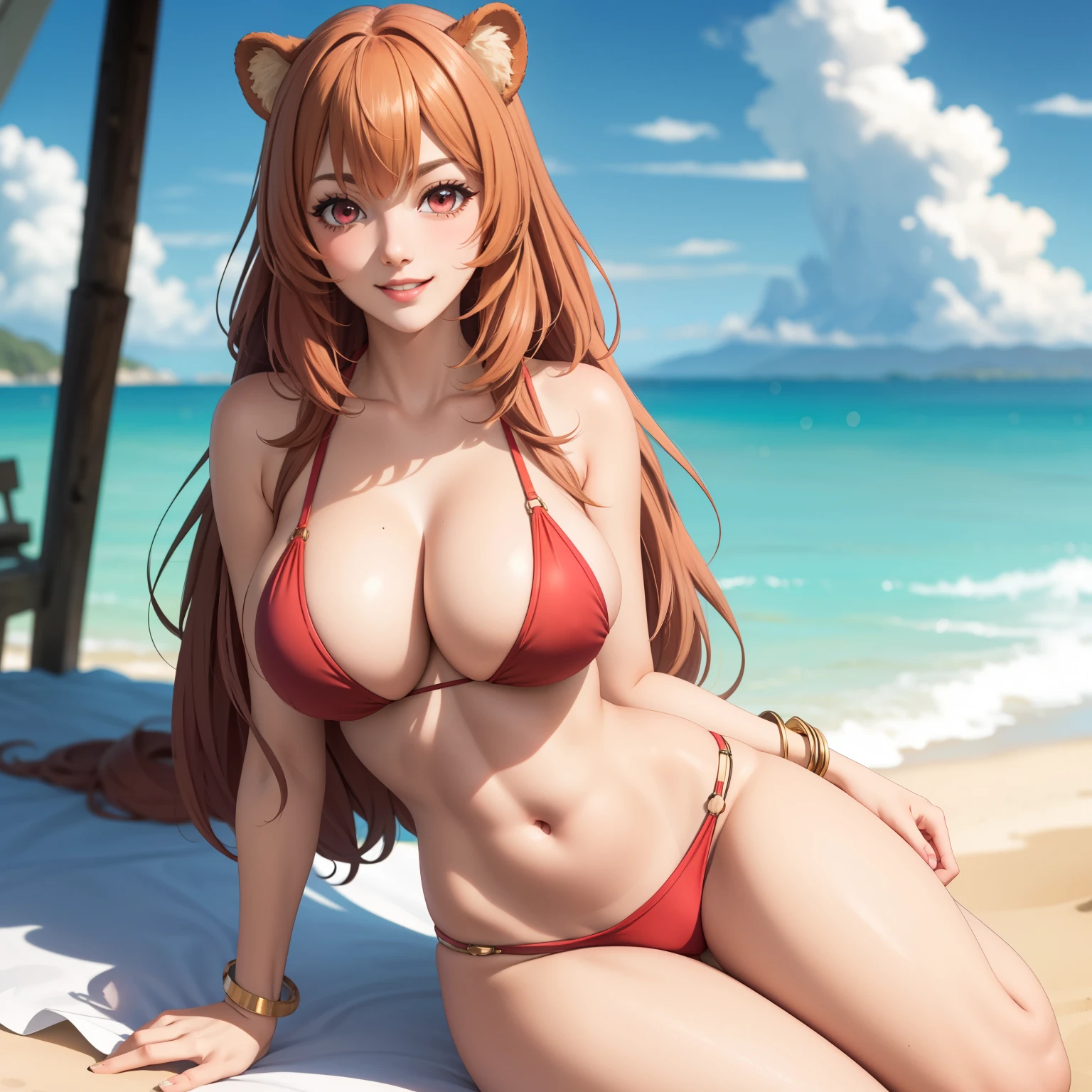 Raphtalia woman 35 years old orange hair , orejas de oso, ruby red eyes., pale skin,  big breasts pink bikini jaguar design, esta de pie, frente al espectador, cuerpo completo, accesorios, playa de arena blanca. sunny day. cabello flotante, luz perfecta, colores vibrantes. cabello rubio dorado. sonrisa  feliz.