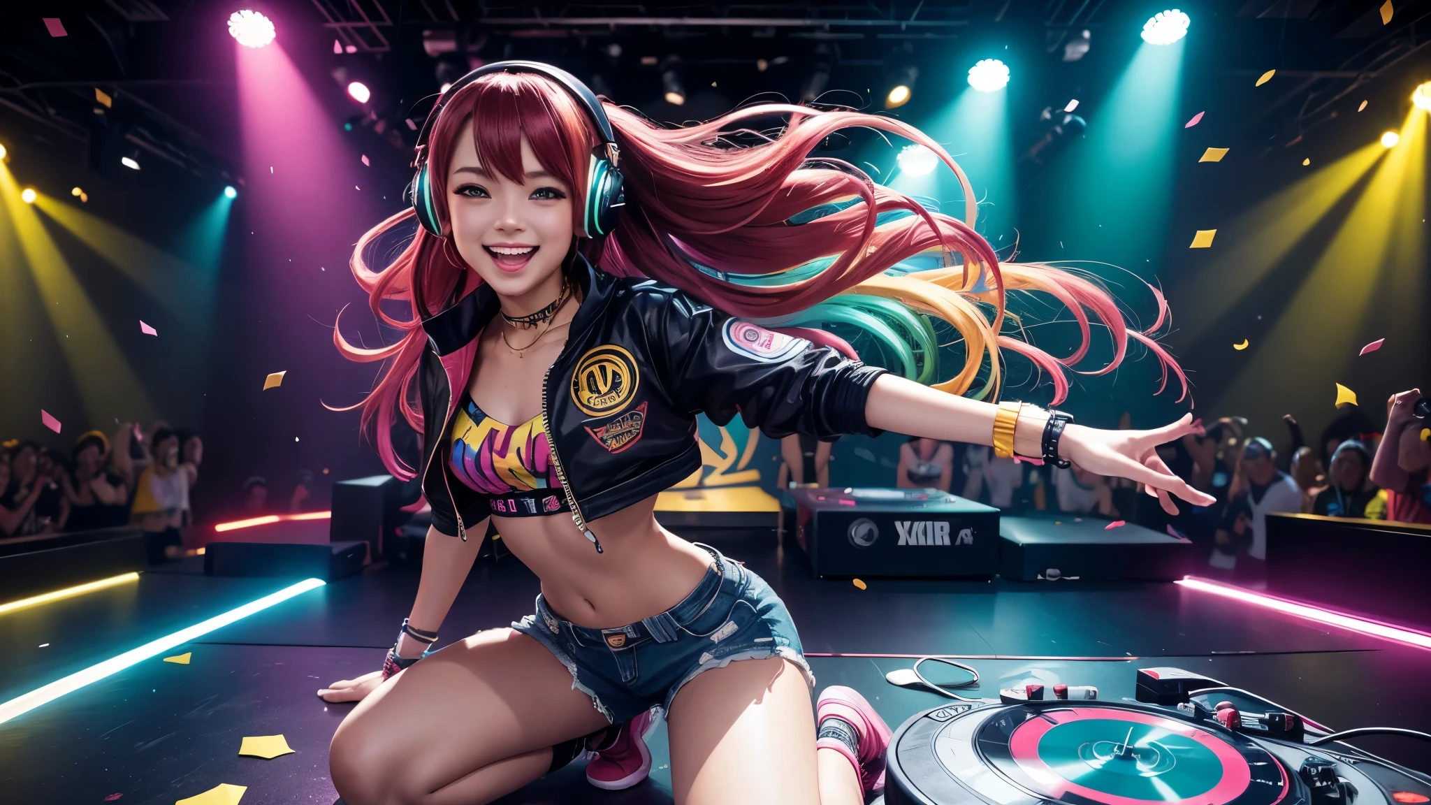 anime girl,club jacket and shorts, headphones,DJ turntable set,club lighting,stage,confetti,dancing,smiling,(best quality:1.2),(ultra-detailed:1.2),(realistic:1.37),HDR,vivid colors,portraits,shorts,headphone girl,energetic pose,colorful lights,stage set,confetti raining,joyful expression,dance floor ,anime style, atmosphere,techno music,electronic dance music,festival vibes,hip hop beats,festival outfit,energetic dance moves,expressive eyes,long hairstyle with vibrant green and red color hair, gold eyes, elaborate makeup neon lights,beaming smile,positive vibes,high-energy performance,stylized backgrounds,colorful visuals,excitement in the air, full body portrait, kneeling, back turned, porn, nude, big ass, big , small waist 