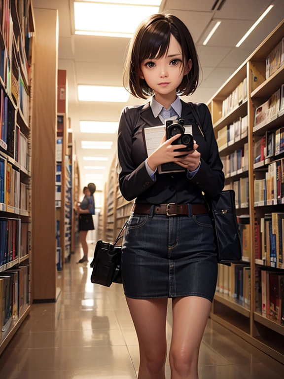 poster beautiful and cute woman wearing book and camera at the library