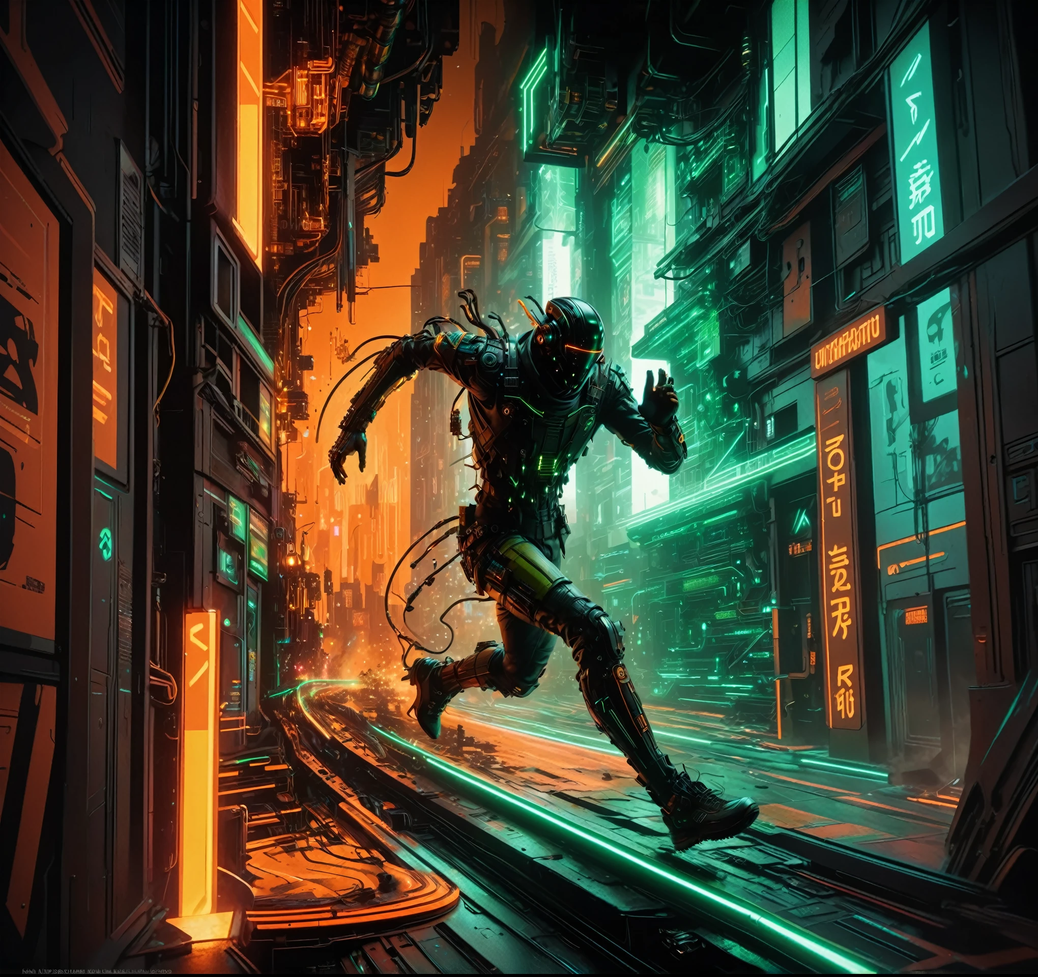 A stunning, high-quality image of a cyberpunk szene This captivating male dark android runing similar, running, piece seamlessly blends photography, dark and neon awesome combination, orange green brown and Black, illustration, 3D rendering, and painting to create a cinematic experience that evokes both wonder and danger, vibrant, photo, painting, illustration, 3d render, poster, cinematic, dark fantasy