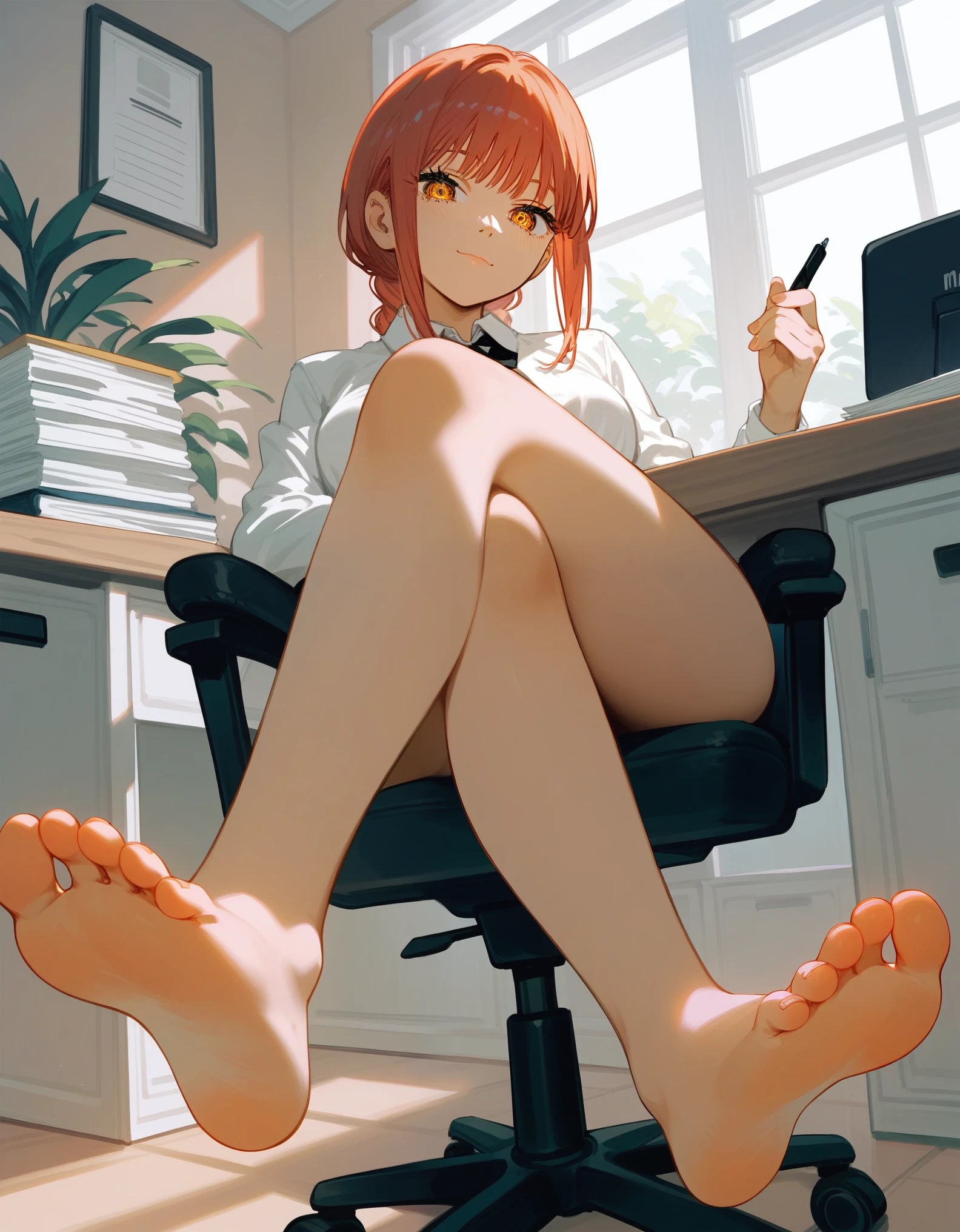 Solo,  score_9,score_8_up,score_7_up, source_cartoon, source_anime, makima chainsaw man, sitting, legs crossed, naked, barefoot, two feet. five toes, foot focus, indoors, in an office