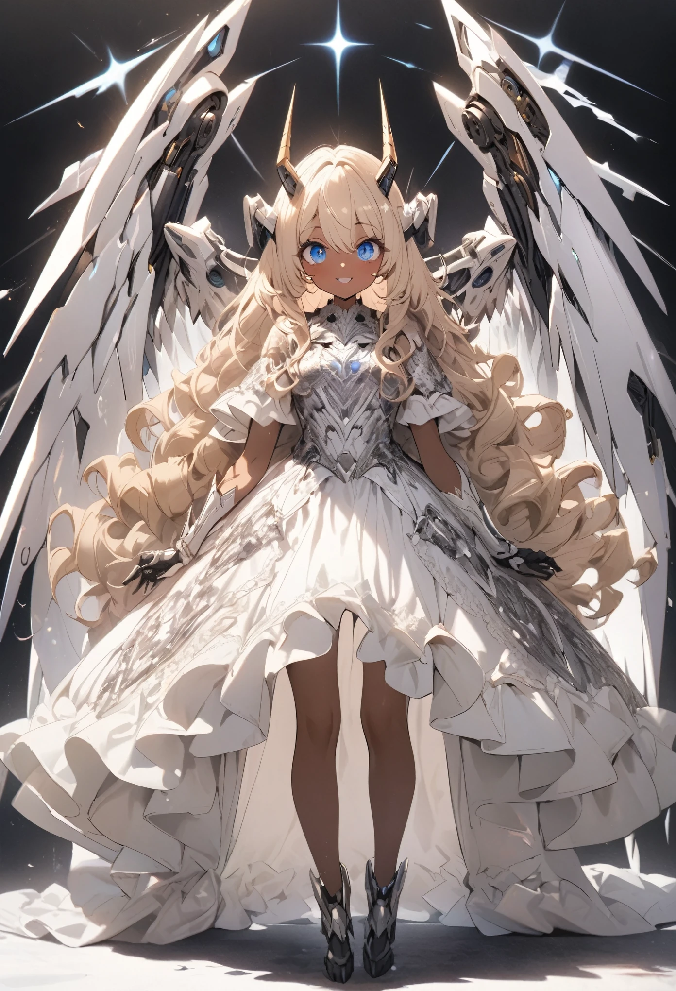 masterpiece, best quality, extremely detailed, high resolution, Japanese anime,1girl, (dark skin:1.2), gold hair, (medium length hair:1.1), curly hair, wavy hair, drill hair, low twintails, (mechanical horn:1.5), (mechanical wing:1.2), (eye lashes:1.3), (eye shadow:1.3), (blue eyes:1.5), (beautiful detailed eyes:1.4), laugh, 130cm tall, original character, fantasy, (black background:1.2), (full body:1.8), beautiful fingers, standing, (black white lace frill armor dress:1.5), (mechanical headgear:1.3) , shoot from front, looking at viewer ,