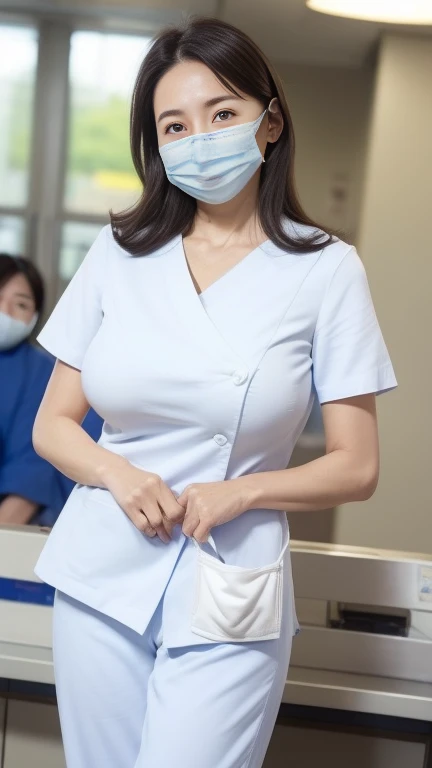 ((最high quality、8k、masterpiece:1.3))、Realistic, Sharp focus, high quality, High resolution, alone, Japanese, A kind smile,Middle-aged women,56 years old, ((Big Breasts:1.4)), (((Big Ass 1.3)))、Medium Long Hair, Wrinkles around the eyes、Embarrassing appearance、A shy smile、((Up to the thighs))、A seductive gaze、A kind smile、Health insurance center staff、Health check-up staff、Light blue nurse clothes、Sunny afternoon、((In the hospital lobby))、Holding a document binder、((waiting))、A gaze that seduces viewers、(((He is wearing a white mask to protect against coronavirus.)))