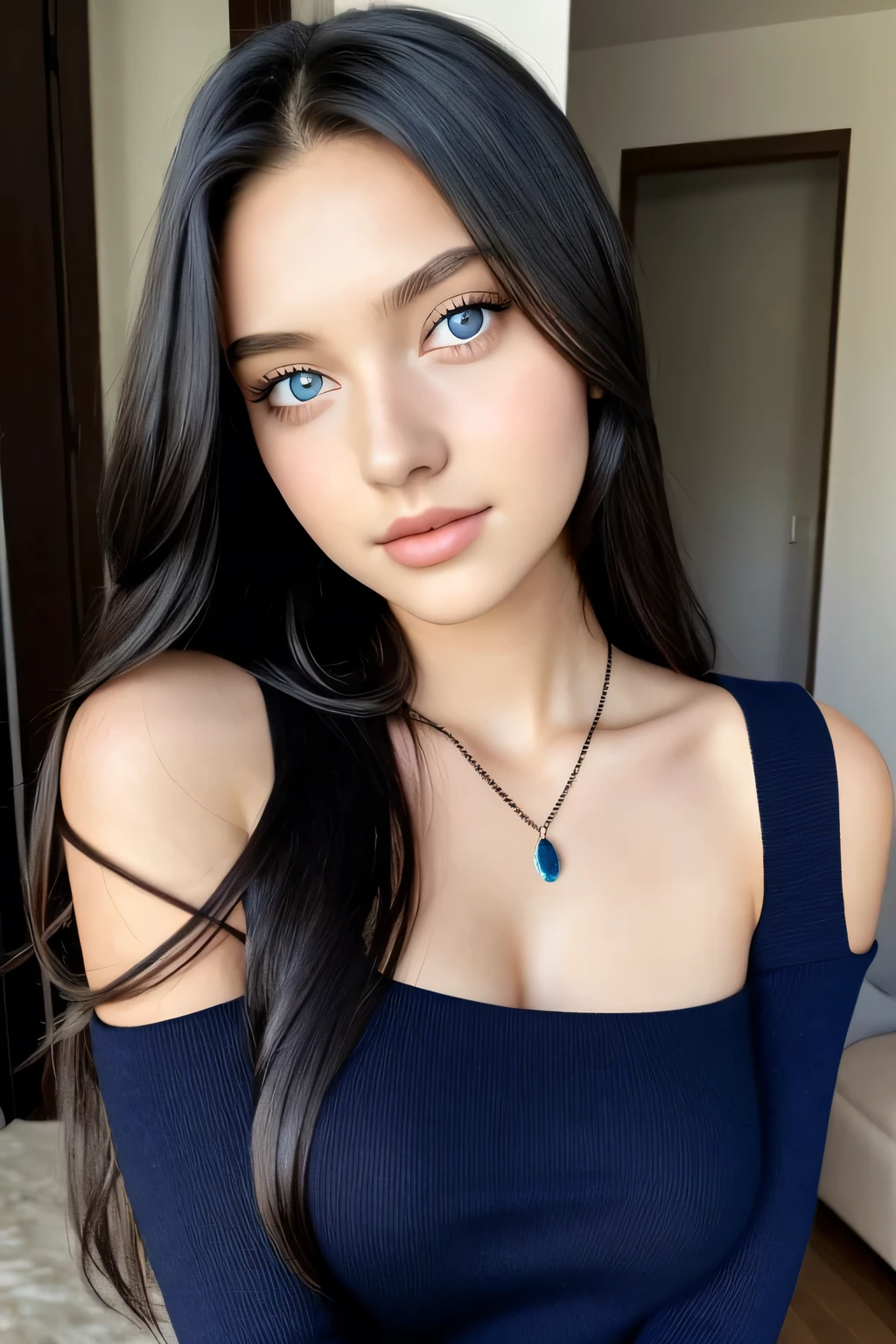 1girl in, 19, Solo, Long hair, Colossal , Looking at Viewer, blackhair, Bare shoulders, Blue eyes, jewely, Full body, a necklace, off shoulders, Sweaters, Realistic, A sexy