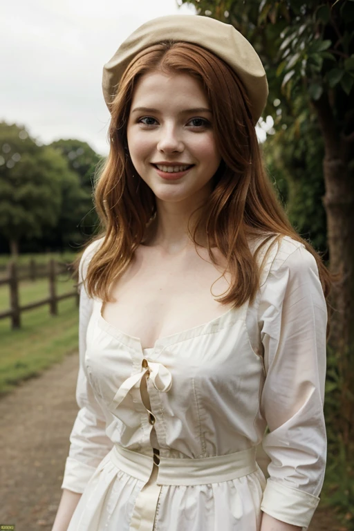 Rachel Hurd-Wood dressed in traditional French clothing and smiling