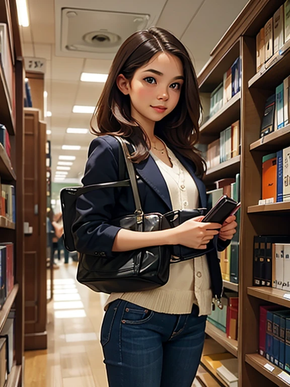 poster beautiful and cute woman wearing book and camera at the library