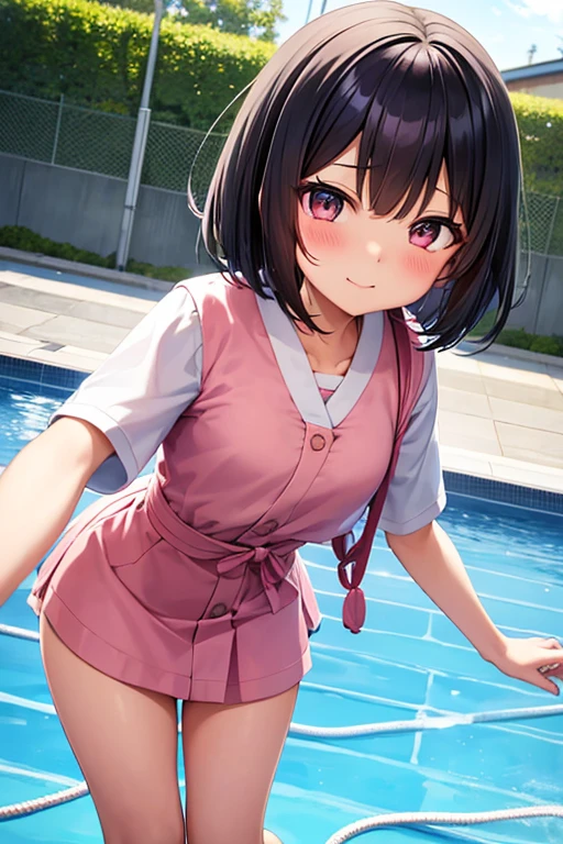 A captivating scene featuring a beautiful anime-style Japanese middle school cute girl with distinctive facial features, Spring wonderland background. Cute Japanese middle school girl styles her black hair into a short bob, single eyelid, Hooded, humid, Deep Set, Striking, deep pink, captivating eyes. Her face turns into a gentle smile. legs are very thin. Thin thighs. Small hips. She used Japanese junior high school uniforms as her motif.、She is wearing clothes with a very cute design.. The poolside is depicted in the background.. Filming her playful bouncing action, Adding joy to the scene. By combining these elements、The result is a masterpiece of exceptional quality.。. Bast size is very small.