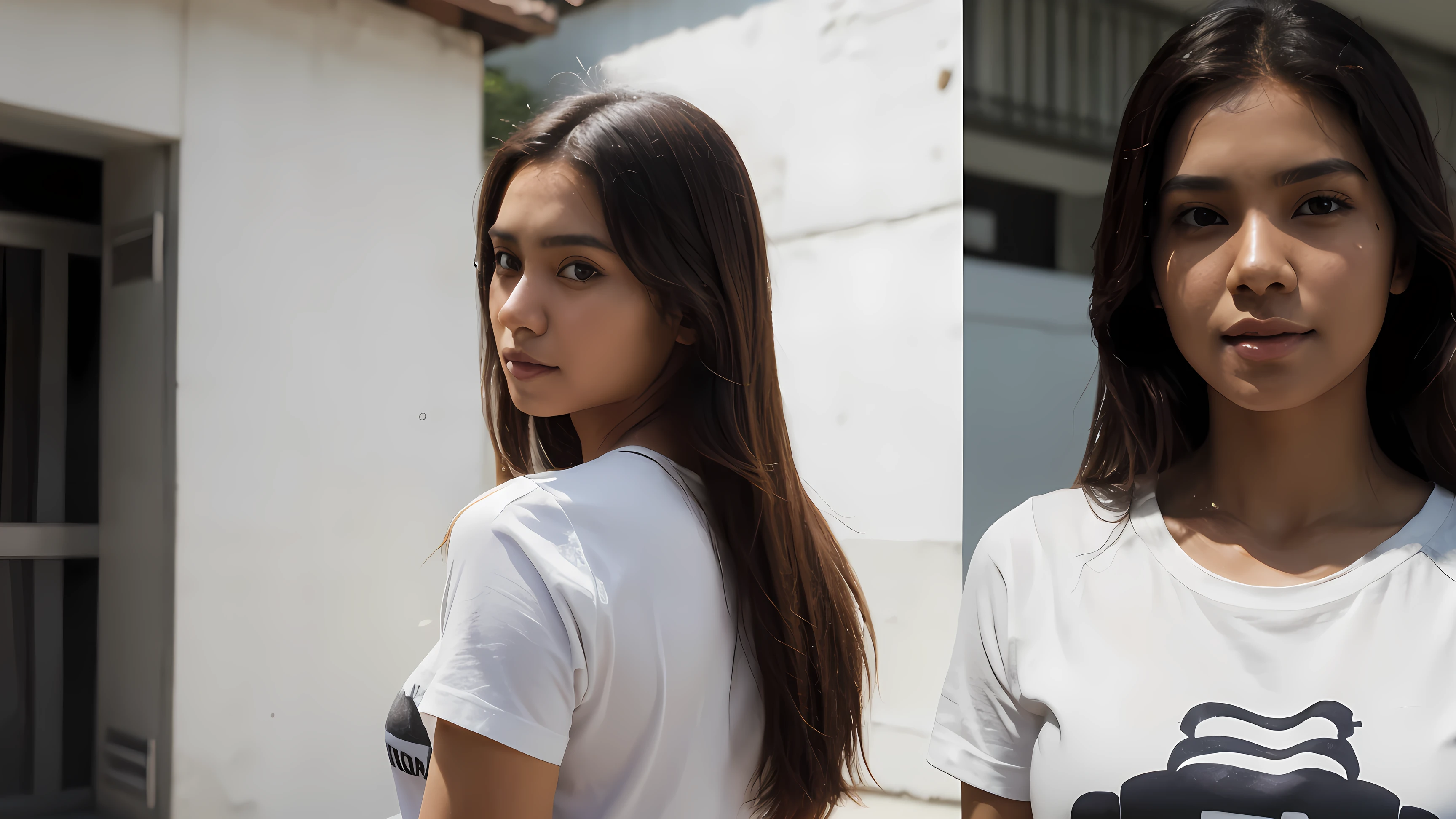 a 21 year old woman, typical Indonesian face, brown skin, long hair below the shoulders, wearing a T-shirt, character visible from head to toe, realistic 3d animation front side, back side, left side, right side,