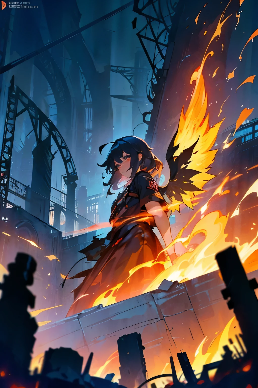 In the heart of a city lost to the flames, where neon lights flicker like the last beats of a wild heart, stands a figure cloaked in the mystery of the night. Her wings, dark as the void, unfurl against the fiery skyline, a stark silhouette of rebellion. Her hair, a river of obsidian with streaks of crimson, flows like molten lava through the ruins. Eyes aglow with the ferocity of burning embers peer into the soul of the city, a guardian spirit of the graffiti-laden wasteland. She is the echo of the punk anthem, a symphony in the chaos, the firebird rising from the debris., photo, painting, product, vibrant, cinematic