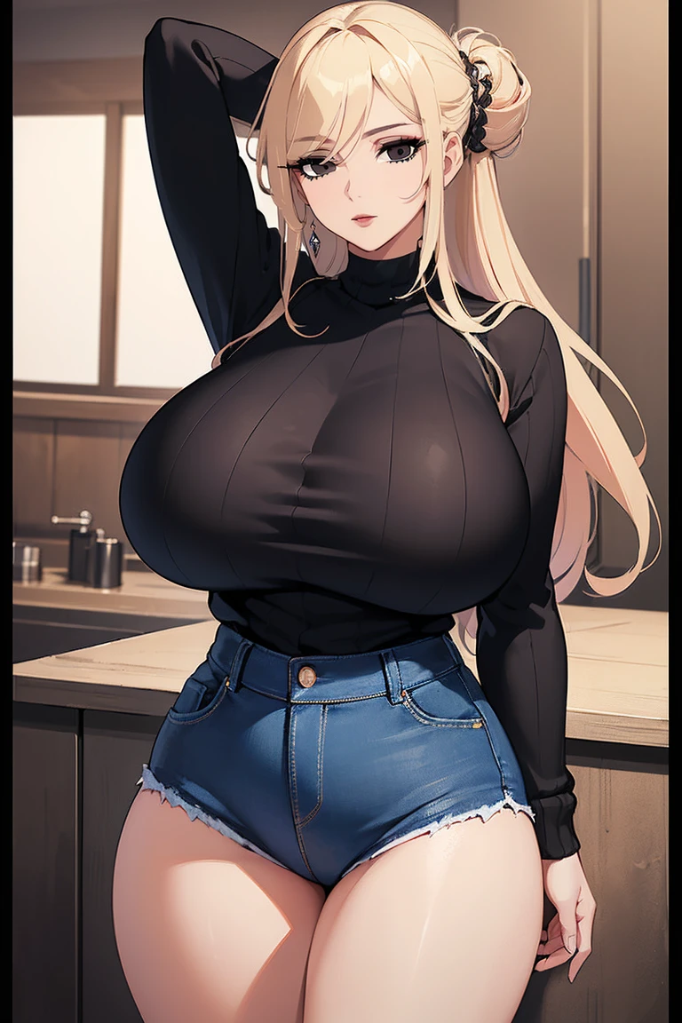 (Uhd, Masterpiece, Textured Skin, Super Detail, High Details, High Quality, Best Quality), Detailed Face, 1woman, mature pretty woman, ((Wide hips, thick thighs, massive huge breasts)), Blonde hair tied up, (Black sweater shirt), jeans, (Huge Body), (Hair tied up with side bangs)