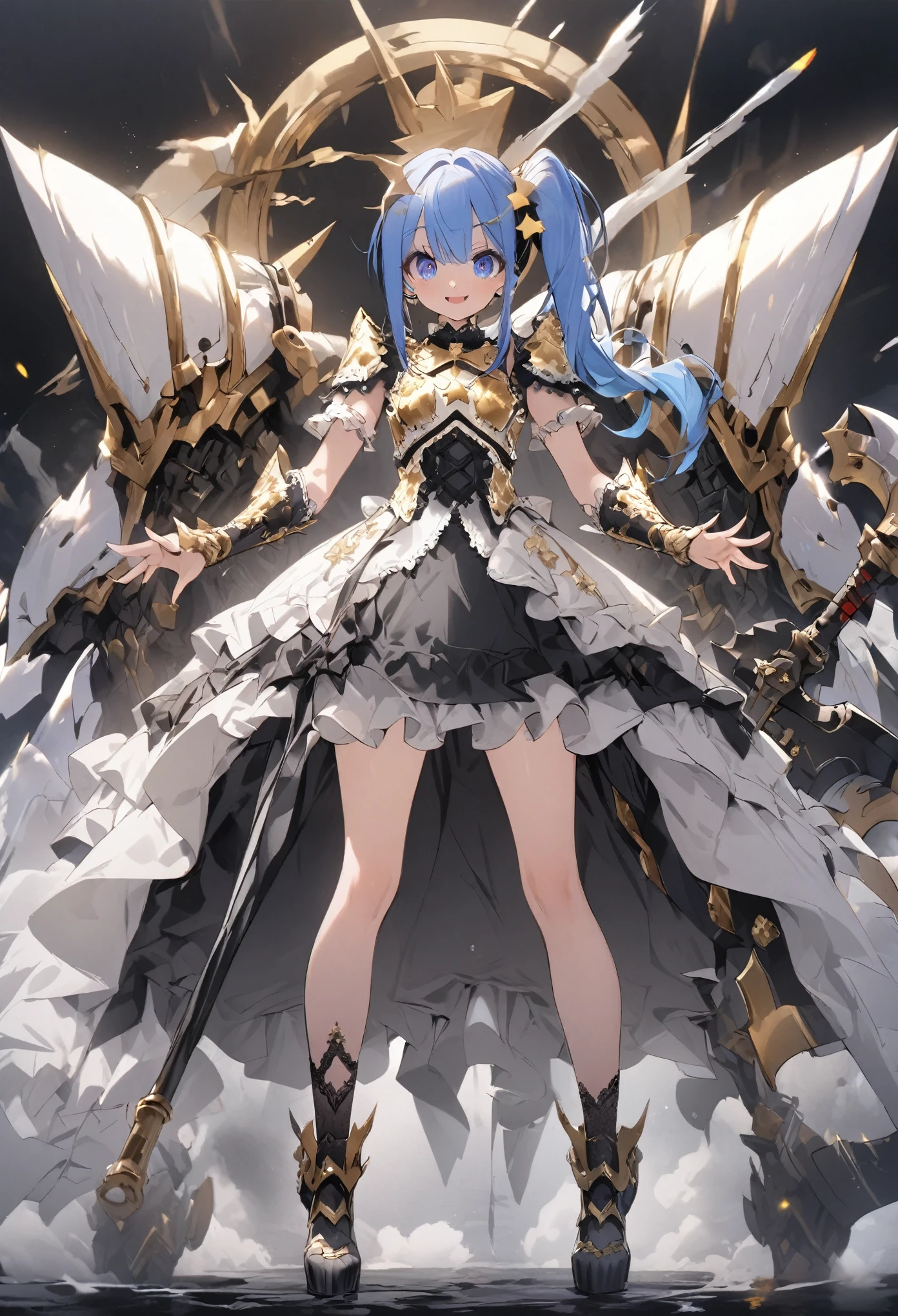 score_9, score_8_up, score_7_up, best quality ,masterpiece, 4k, Japanese anime, 1girl, blue hair, (side ponytail:1.5), giant blue ribbon, (mechanical dragonhorn:1.1), (eye lashes:1.3), (eye shadow:1.3),blue eyes, (beautiful detailed eyes:1.4), laugh, 160cm tall, original character, fantasy, (black background:1.2), (full body:1.8), beautiful fingers, standing, (black white lace frill armor dress:1.5),(GOLD STAR accessory:1.5) (mechanical headgear:1.1) ,axe to grind, shoot from front, looking at viewer
