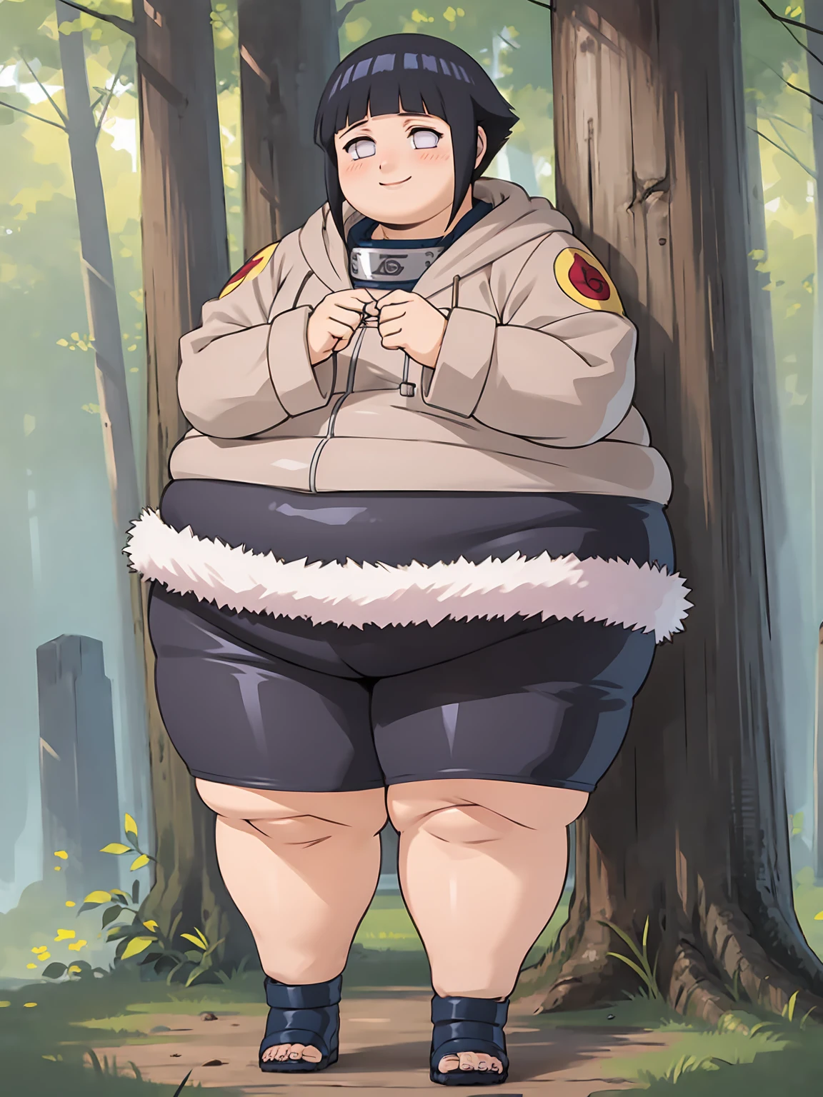 standing, shy, smile, blush, 1girl, obese hyuuga hinata, thick thighs, perfect body, big cheeks, fat neck, fat belly, fat arms, fat butt, black hair, short hair, white eyes, no pupils, small breats, jacket with fur trim, black short, ultra detailed, masterpiece, best quality, aesthetic, detailed, forest