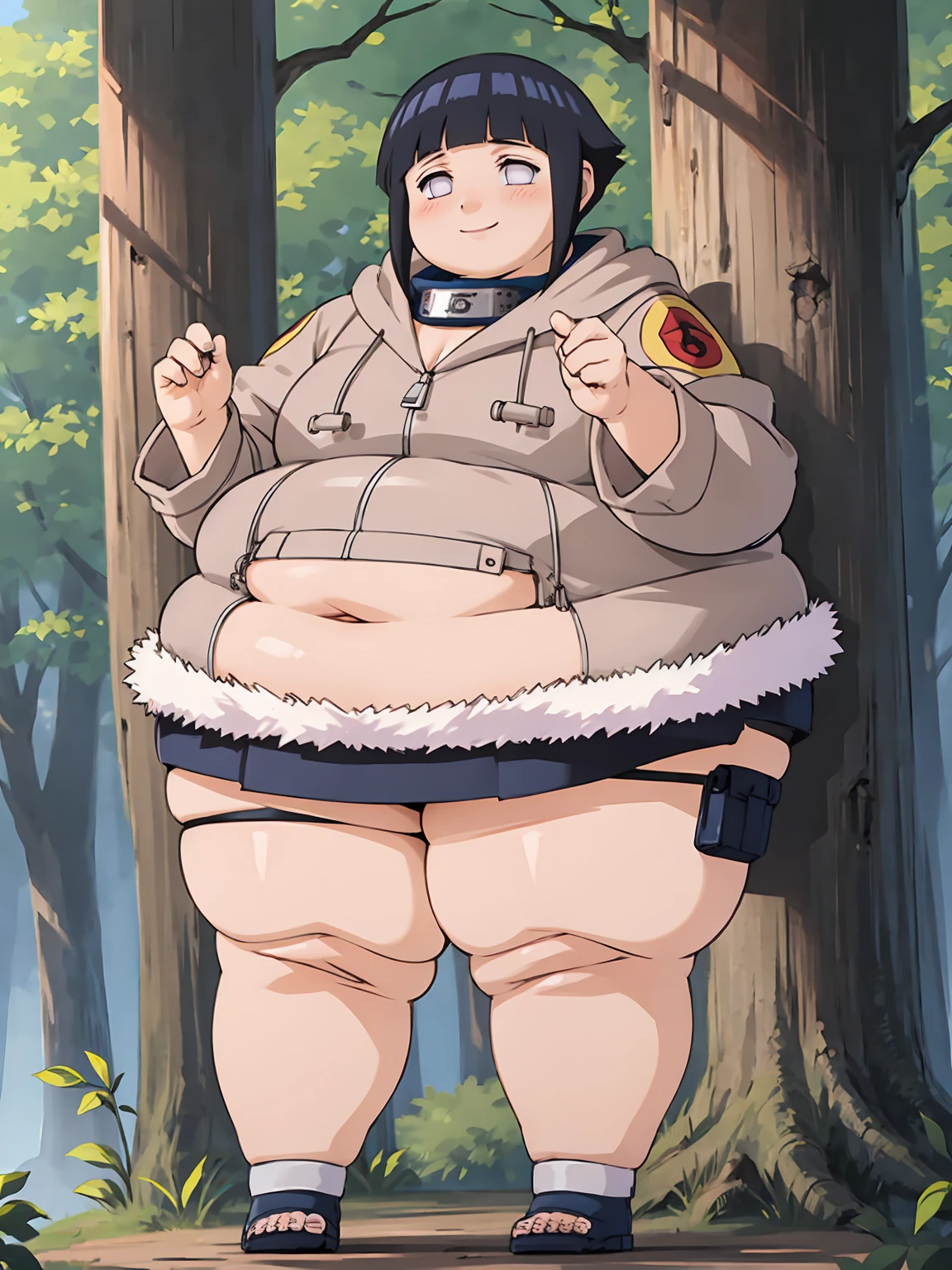 standing, shy, smile, blush, 1girl, obese hyuuga hinata, thick thighs, perfect body, big cheeks, fat neck, fat belly, fat arms, fat butt, black hair, short hair, white eyes, no pupils, small breats, jacket with fur trim, black short, ultra detailed, masterpiece, best quality, aesthetic, detailed, forest