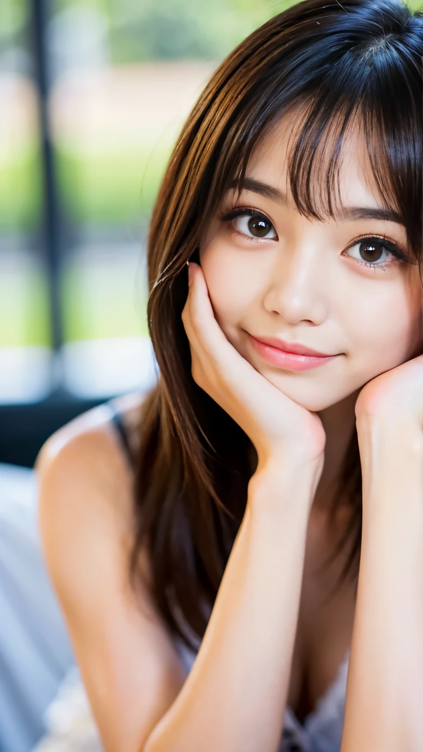 ((Best-quality, Masterpiece, Ultra-High-Resolution, (Photorealistic:1.4), Raw Photo, depth of field, professional lighting, perfect anatomy, extremely details, perfect face, perfect hair, perfect body, perfect hands, perfect fingers)), 1girl, 15-years-old, the most famous Japanese idol, having a lot of fun at home party, (extremely cute face, ((extremely cute and extremely big eyes)), extremely beautiful skins), extremely cute hair, extremely cute long-eyelashes, extremely cute lips, looking at viewer, dynamic pose
