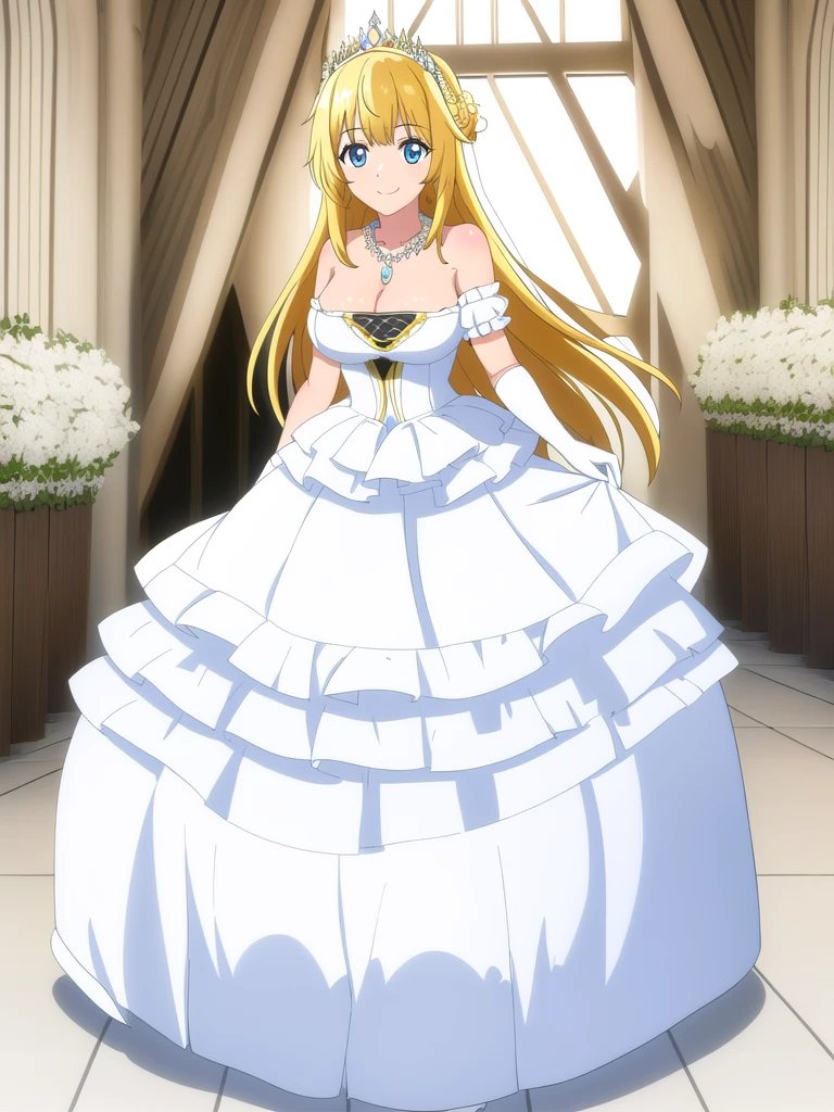 ((Best quality))), ((Ultra-detailed)), ((illustration)), ((Disheveled hair)), ((frilld)), (1 girl), (Solo),,1girl, solo, rating:safe, wedding, bare_shoulders, blonde_hair, blue_eyes, breasts, bridal_gauntlets, bridal_veil, cleavage, clothing, crown, curtsey, dress, drop_earrings, earrings, elbow_gloves, female, female_only, gloves, headdress, headwear, jewelry, layered_dress, long_hair, looking_at_viewer, necklace, skirt_hold, smile, standing, strapless, strapless_dress, tiara, veil, very_long_hair, white_dress, white_footwear, white_gloves