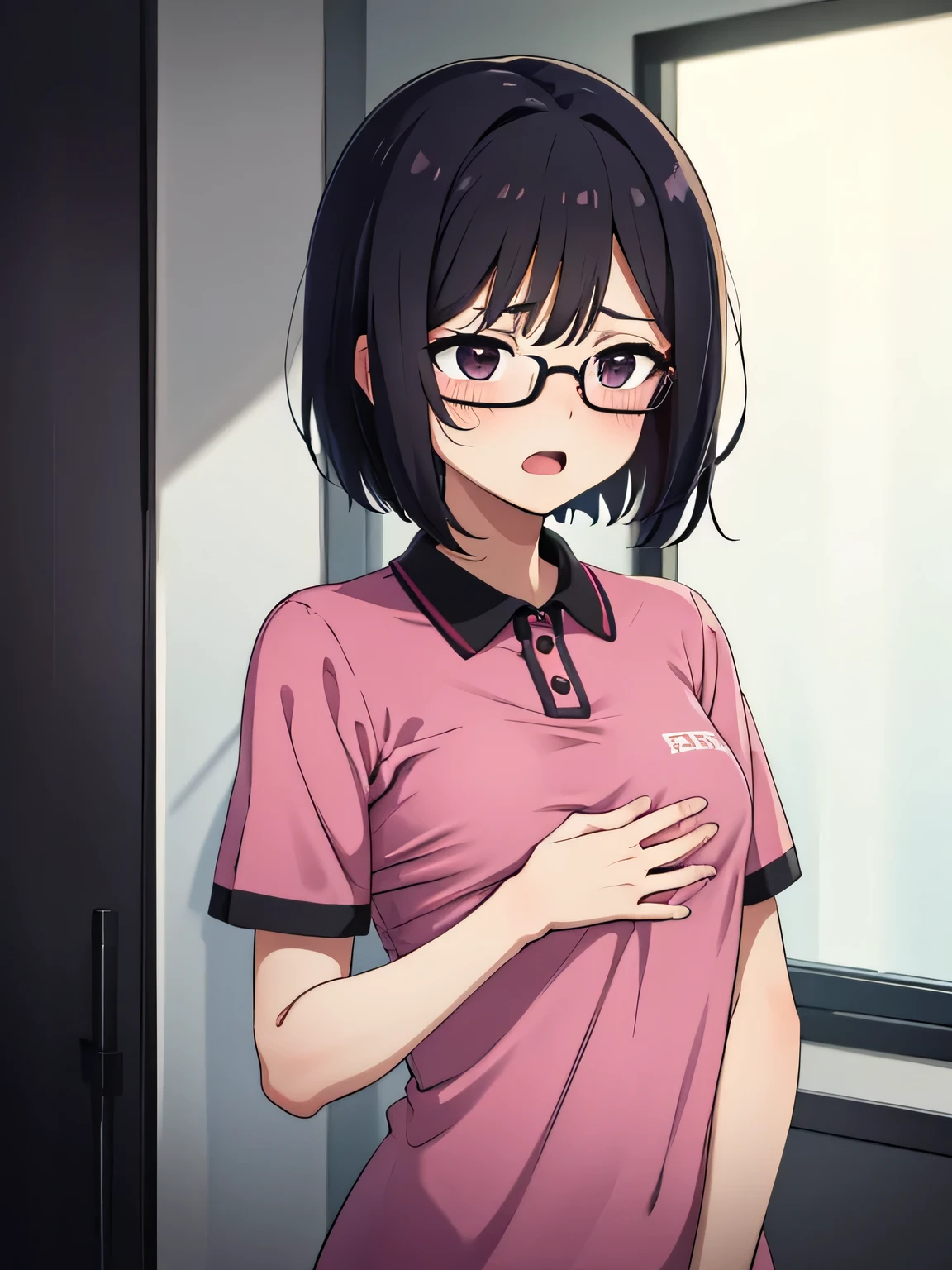 1. Beautiful girl in a magenta polo shirt, short hair, Small breasts, Embarrassing, Beautiful fingers, Shyness, worries, Black Hair, No underwear, Crouching, black eyes, hospital, beautiful, cute, high quality, short sleeves　No bra, Open mouth Glasses Perfect hands Medical checkup