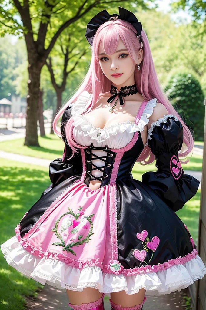 sexy stylish Swedish model, only 1 female, ((doll-like appearance)), long neon pink stylish hair, ((shiny Victorian-Style boots)), (big smile), ultra detailed eyes, very detailed eye makeup, lipgloss, long lashes, defined eyebrows, ((sexy Sweet ta cosplay)), bell-shaped skirt, petticoats, high neckline, puffed sleeves, ((ultra detailed lace)), ((ultra detailed embroidery)), intricate details, animals, fairy tales, heart-shaped bag, Sweet Loliccessoires, large bow, Sweet Lolita cr, ((large sparkling Sweet Lolita jewel, cinematic light, detailed large park background with trees