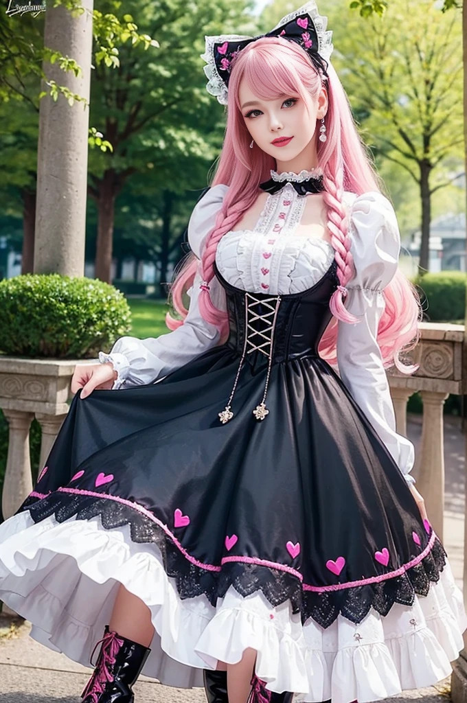 sexy stylish Swedish model, only 1 female, ((doll-like appearance)), long neon pink stylish hair, ((shiny Victorian-Style boots)), (big smile), ultra detailed eyes, very detailed eye makeup, lipgloss, long lashes, defined eyebrows, ((sexy Sweet Lolita cosplay)), bell-shaped skirt, petticoats, high neckline, puffed sleeves, ((ultra detailed lace)), ((ultra detailed embroidery)), intricate details, animals, fairy tales, heart-shaped bag, Sweet Lolita accessoires, large bow, Sweet Lolita choker, ((large sparkling Sweet Lolita jewelry)), cinematic light, detailed large park background with trees 
