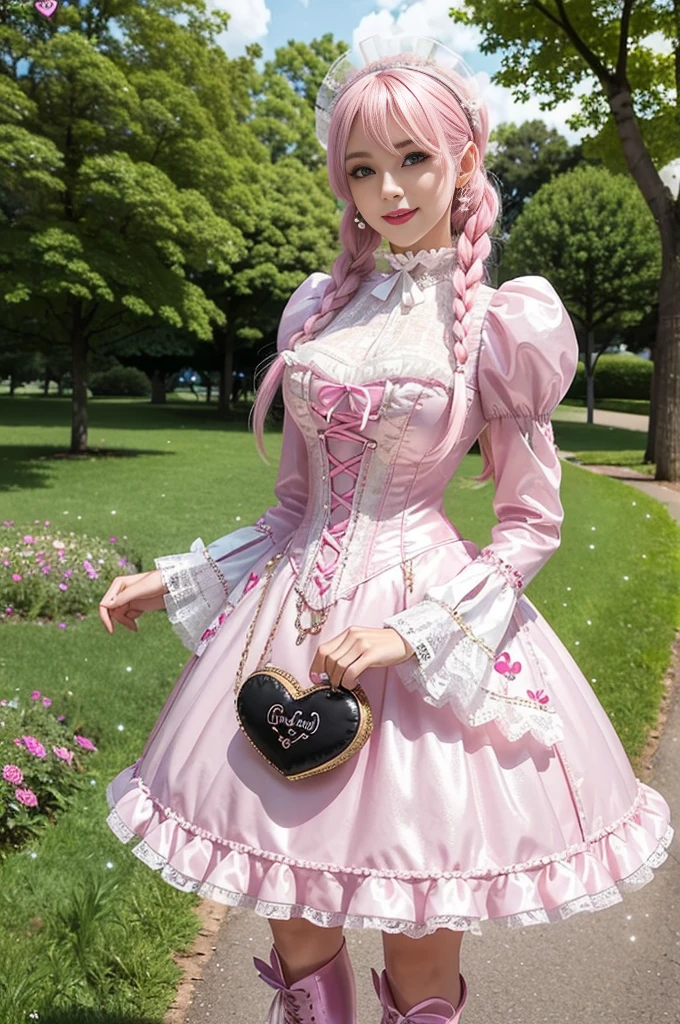 sexy stylish Swedish model, only 1 female, ((doll-like appearance)), long neon pink stylish hair, ((shiny Victorian-Style boots)), (big smile), ultra detailed eyes, very detailed eye makeup, lipgloss, long lashes, defined eyebrows, ((sexy Sweet Lolita cosplay)), bell-shaped skirt, petticoats, high neckline, puffed sleeves, ((ultra detailed lace)), ((ultra detailed embroidery)), intricate details, animals, fairy tales, heart-shaped bag, Sweet Lolita accessoires, large bow, Sweet Lolita choker, ((large sparkling Sweet Lolita jewelry)), cinematic light, detailed large park background with trees 