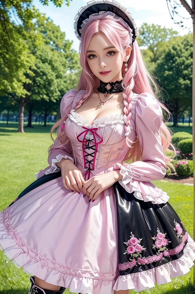 sexy stylish Swedish model, only 1 female, ((doll-like appearance)), long neon pink stylish hair, ((shiny Victorian-Style boots)), (big smile), ultra detailed eyes, very detailed eye makeup, lipgloss, long lashes, defined eyebrows, ((sexy Sweet Lolita cosplay)), bell-shaped skirt, petticoats, high neckline, puffed sleeves, ((ultra detailed lace)), ((ultra detailed embroidery)), intricate details, animals, fairy tales, heart-shaped bag, Sweet Lolita accessoires, large bow, Sweet Lolita choker, ((large sparkling Sweet Lolita jewelry)), cinematic light, detailed large park background with trees 