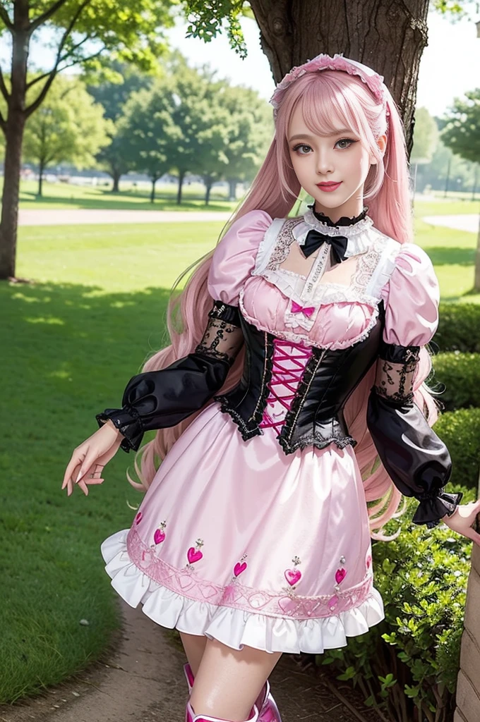 sexy stylish Russian model, only 1 female, ((doll-like appearance)), long neon pink stylish hair, ((shiny Victorian-Style boots)), (big smile), ultra detailed eyes, very detailed eye makeup, lipgloss, long lashes, defined eyebrows, ((sexy Sweet Lolita cosplay)), bell-shaped skirt, petticoats, high neckline, puffed sleeves, ((ultra detailed lace)), ((ultra detailed embroidery)), intricate details, animals, fairy tales, heart-shaped bag, Sweet Lolita accessoires, large bow, Sweet Lolita choker, ((large sparkling Sweet Lolita jewelry)), cinematic light, detailed large park background with trees