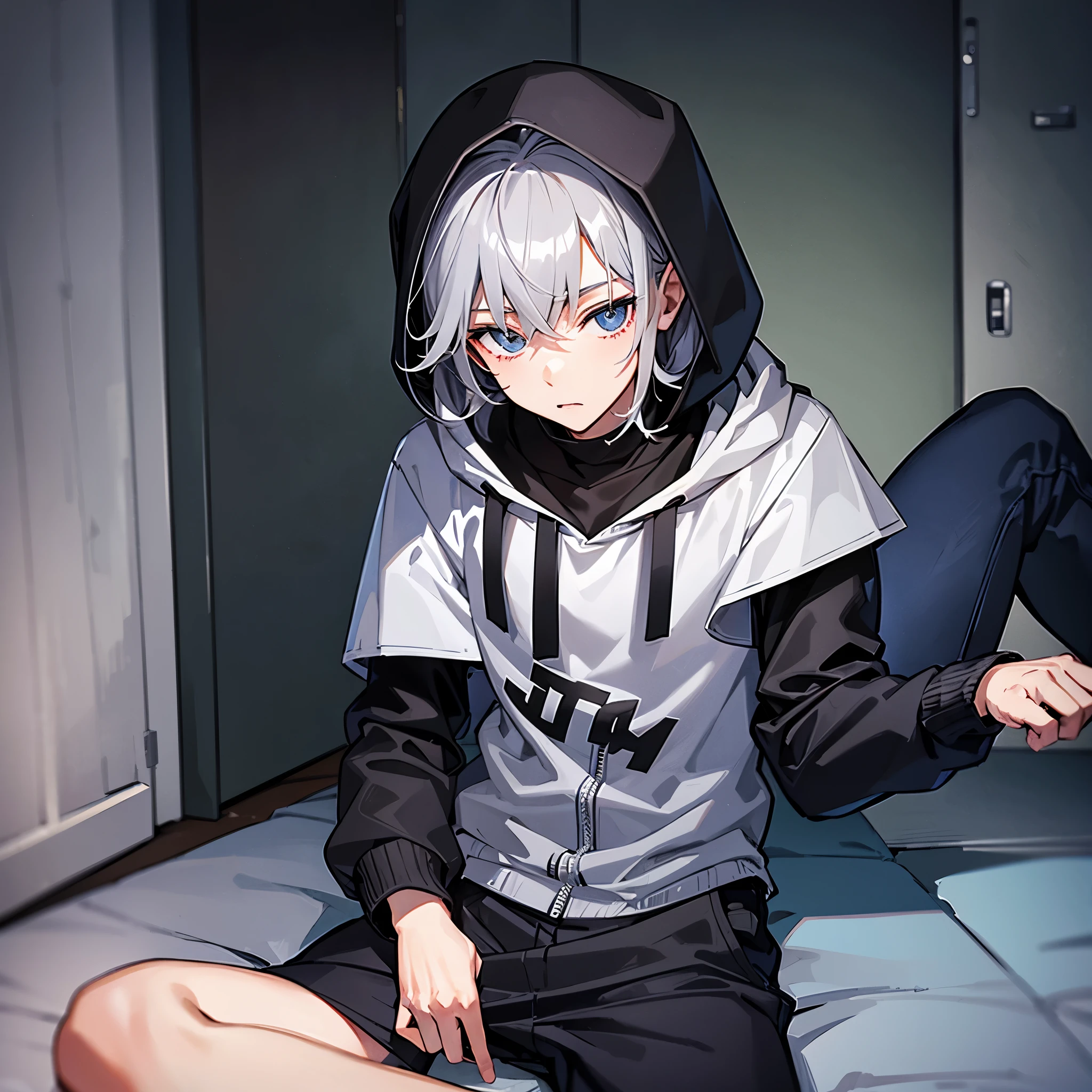 male teenager,gray hair,sitting playing games,Hood