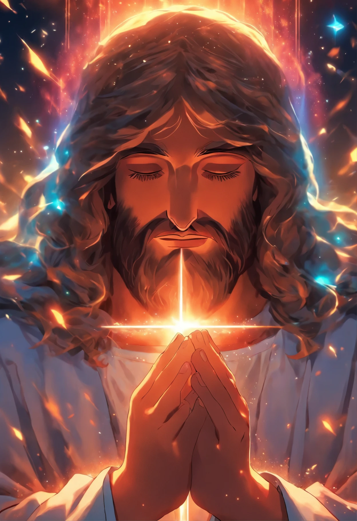 "Generate an image of Jesus in your profile, Capture in moments of deep prayer, Gently clasp your hands together,big cross."