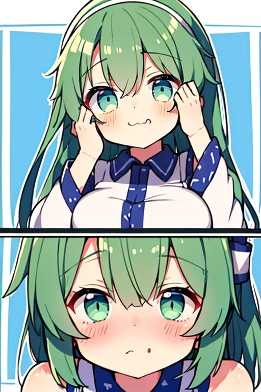 Green Hair、Beautiful expression、nice、Cool、cute、Beautiful Eyes、Sanae Kochiya、Kochiyasanae、Blush and look here、Kind eyes、The whole body is visible、Laughter、Slightly larger breasts